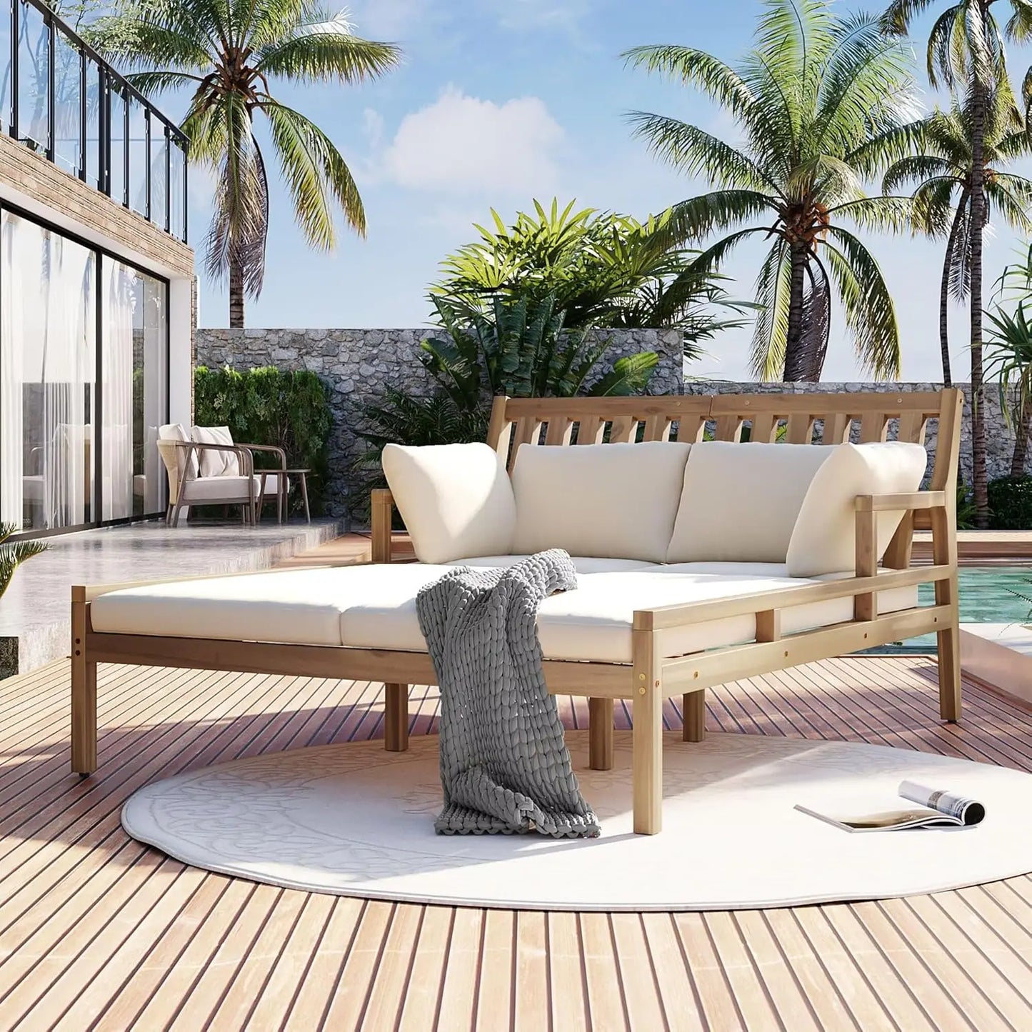 Outdoor Daybed Patio Daybed with Four Pillows Wooden Outdoor Bed with Curved Armrests for Poolside Backyard Garden (Gray+Beige C