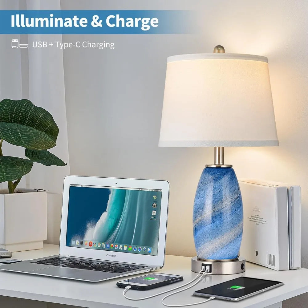 Blue Lamps Set of 2 for Bedroom & Bedside with 3-Way Lighting Modes & USB C+A - Modern Style Glass Nightstand Table Lamps for Li