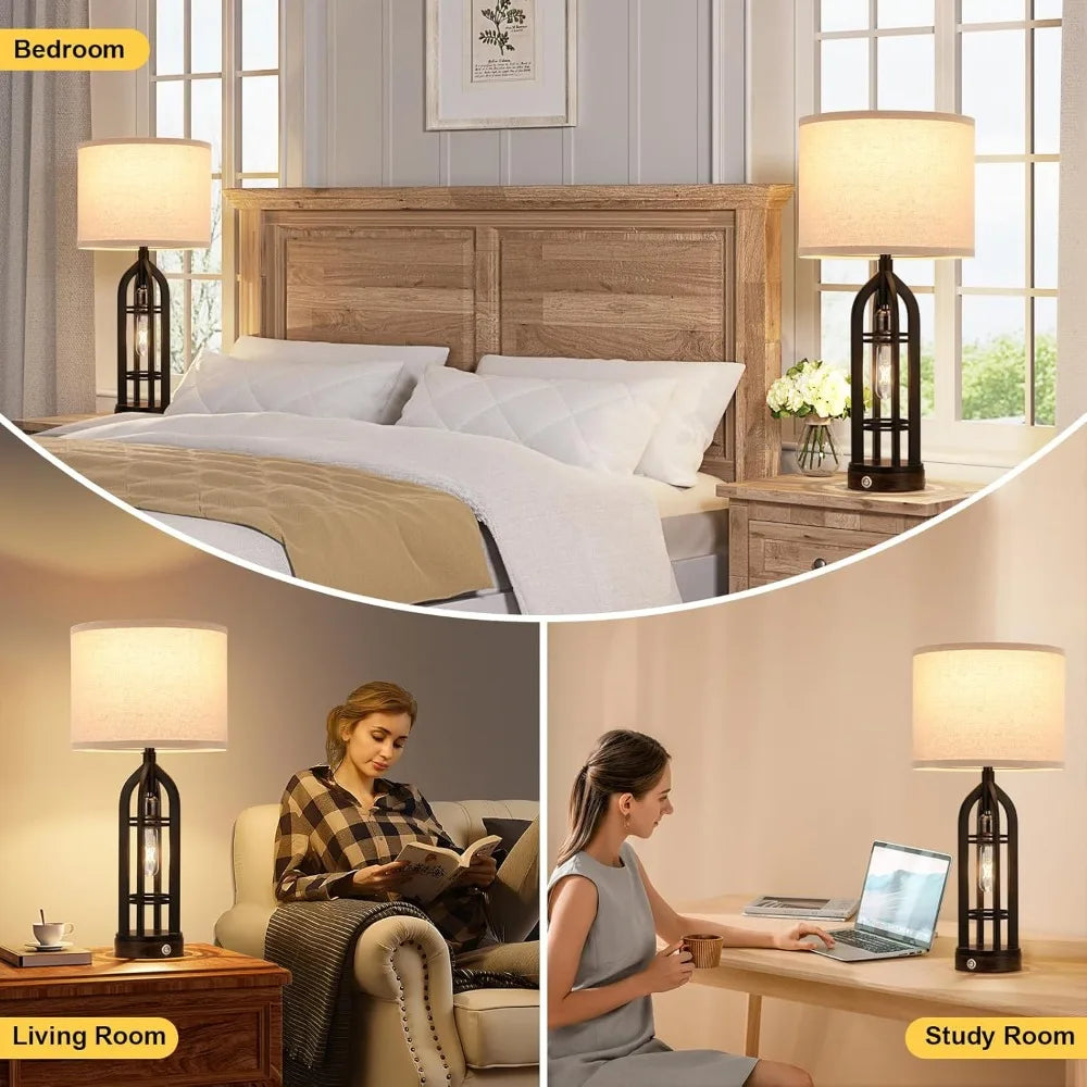 Seealle Table Lamps for Living Room Set of 2 - Black Bedside Lamp for Bedroom with USB C+A & Outlet, Farmhouse Lamps for Night S
