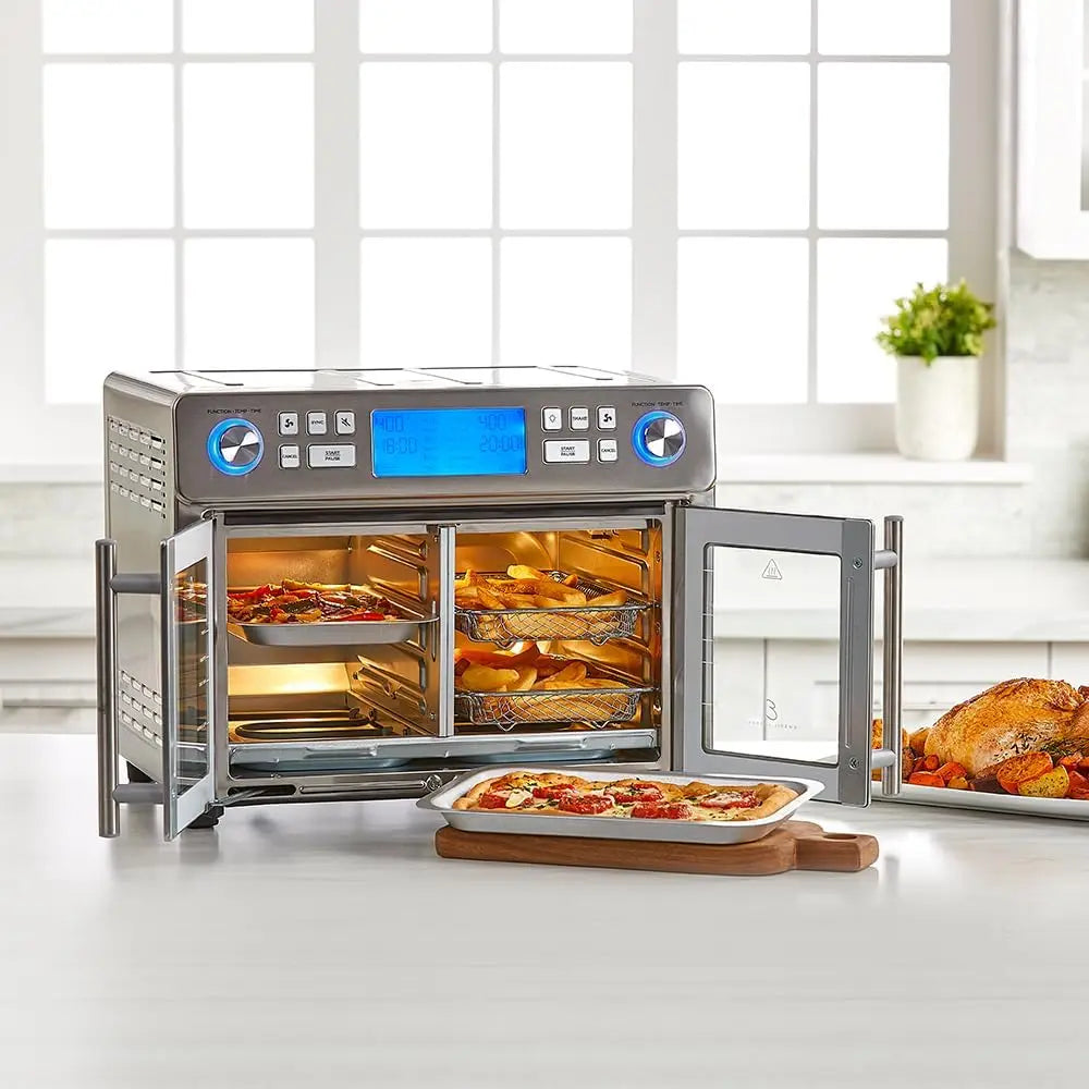 Dual Zone 360 Air Fryer Oven Combo with French Door, 25 QT Extra Large, Cook Two Foods in Different Ways, Up to 60% Faster