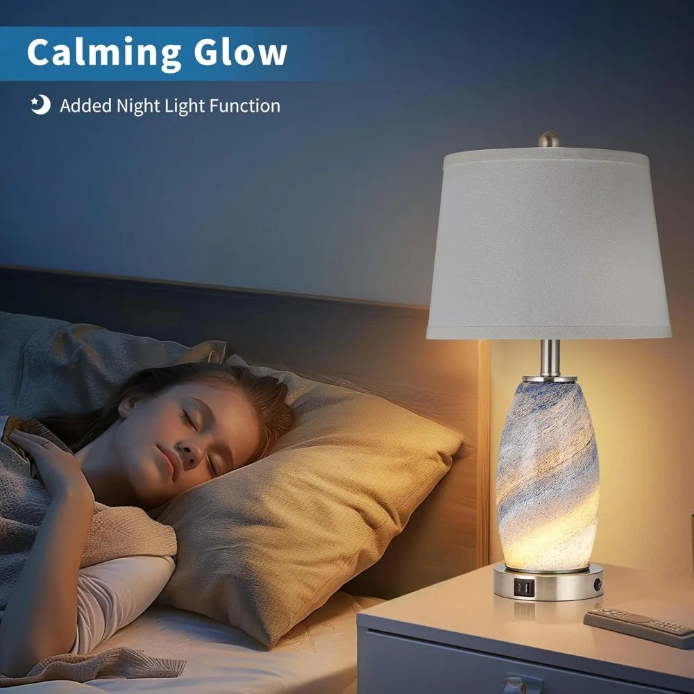 Blue Lamps Set of 2 for Bedroom & Bedside with 3-Way Lighting Modes & USB C+A - Modern Style Glass Nightstand Table Lamps for Li