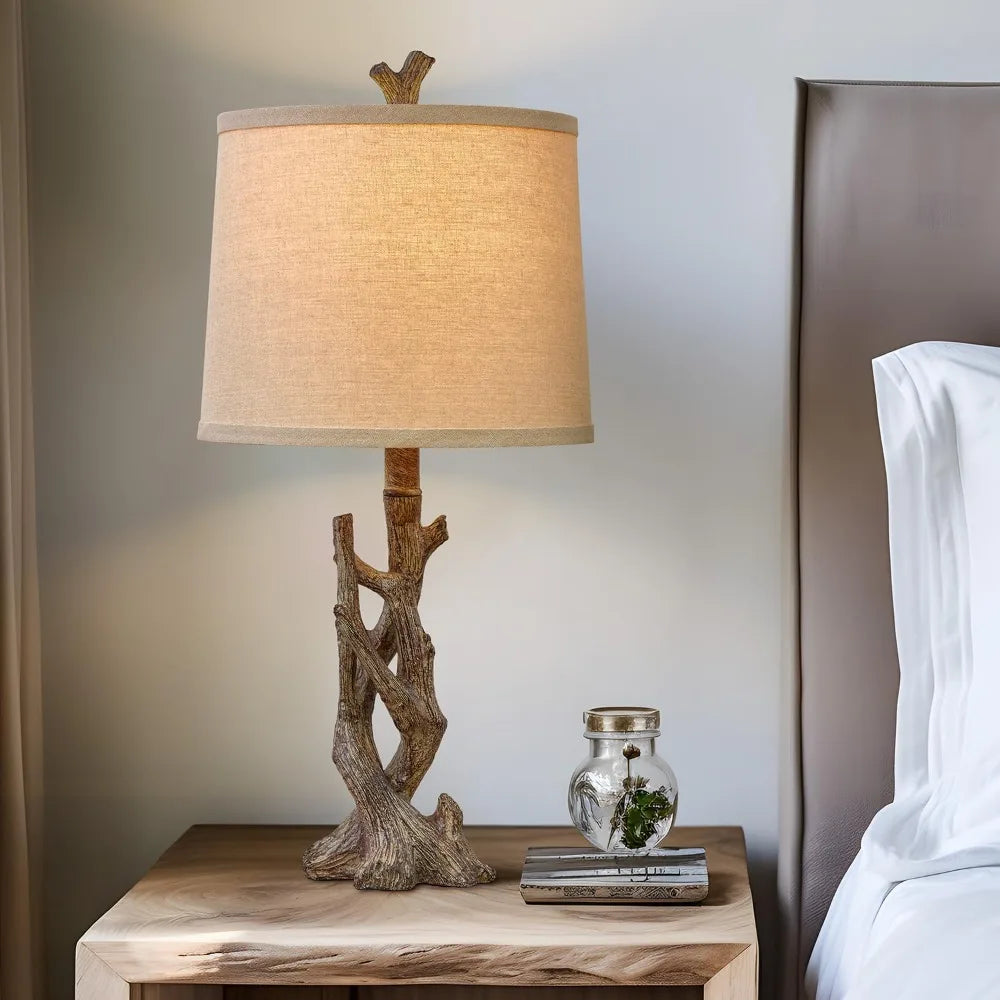 OYEARS 23" Rustic Farmhouse Table Lamp Country Cottage Lamps for Nightstand Tree Trunk Wood Grain Lamp for Bedroom Living Room w