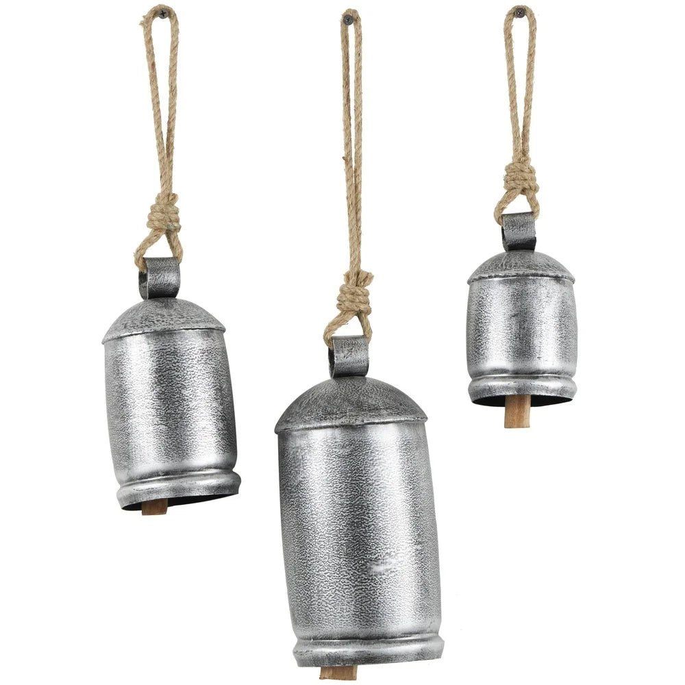 Gray Metal Tibetan Inspired Decorative Cow Bell Chime Set of 3 Indoor Outdoor Rustic Hanging Bells Home Meditation Decor