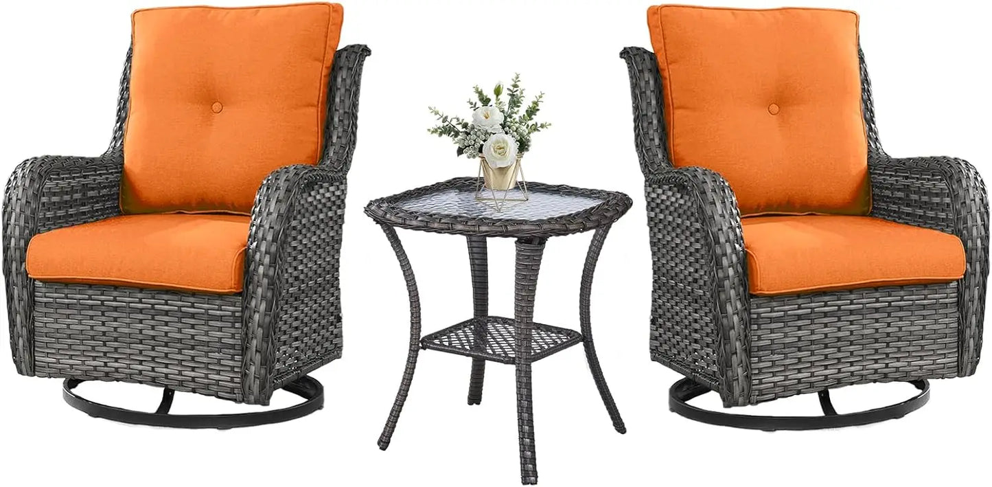 Outdoor Swivel Rocker Wicker Chairs Set of 3, High Back Swivel Patio Chairs Wicker Furniture Set, 2 PCS Rattan Swivel Rocking Ch