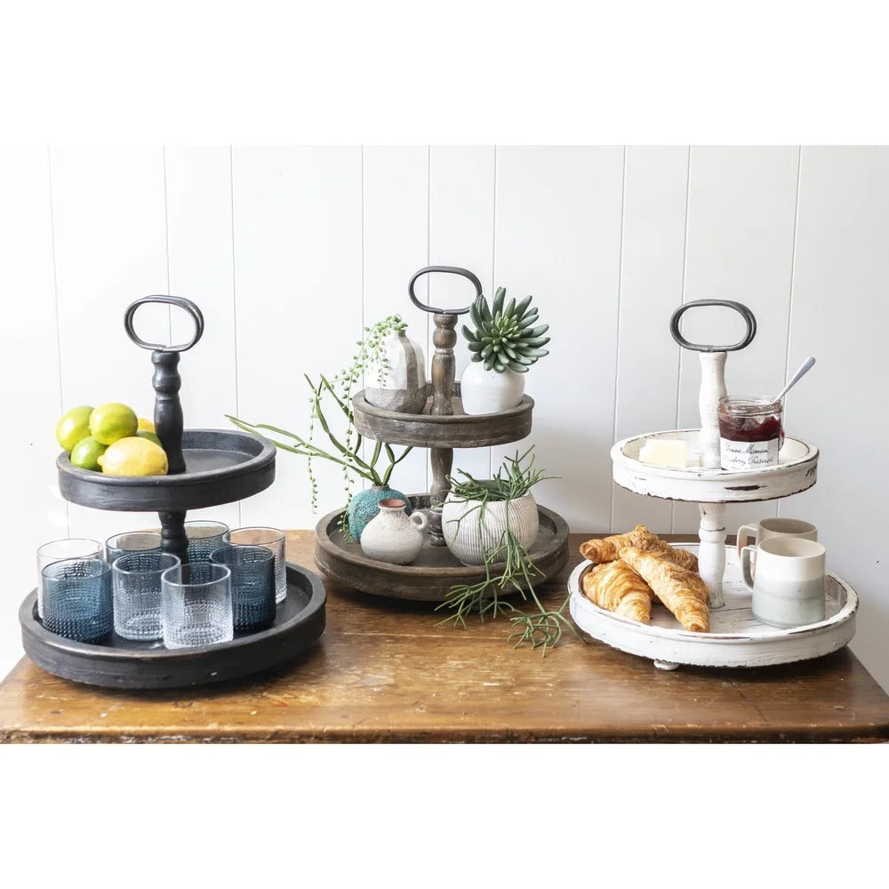 Distressed Brown Wood 2-Tier Tray with Metal Handle Kitchen Centerpiece Storage Display Spice Organizer Home Decor