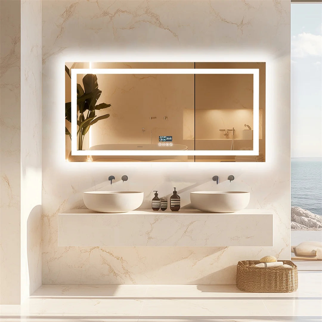 LUVODI Large Illuminated Bluetooth Bathroom Mirror Rectangle Anti-fog LED Bathroom Vanity Mirror with Bluetooth Speaker 3 Color