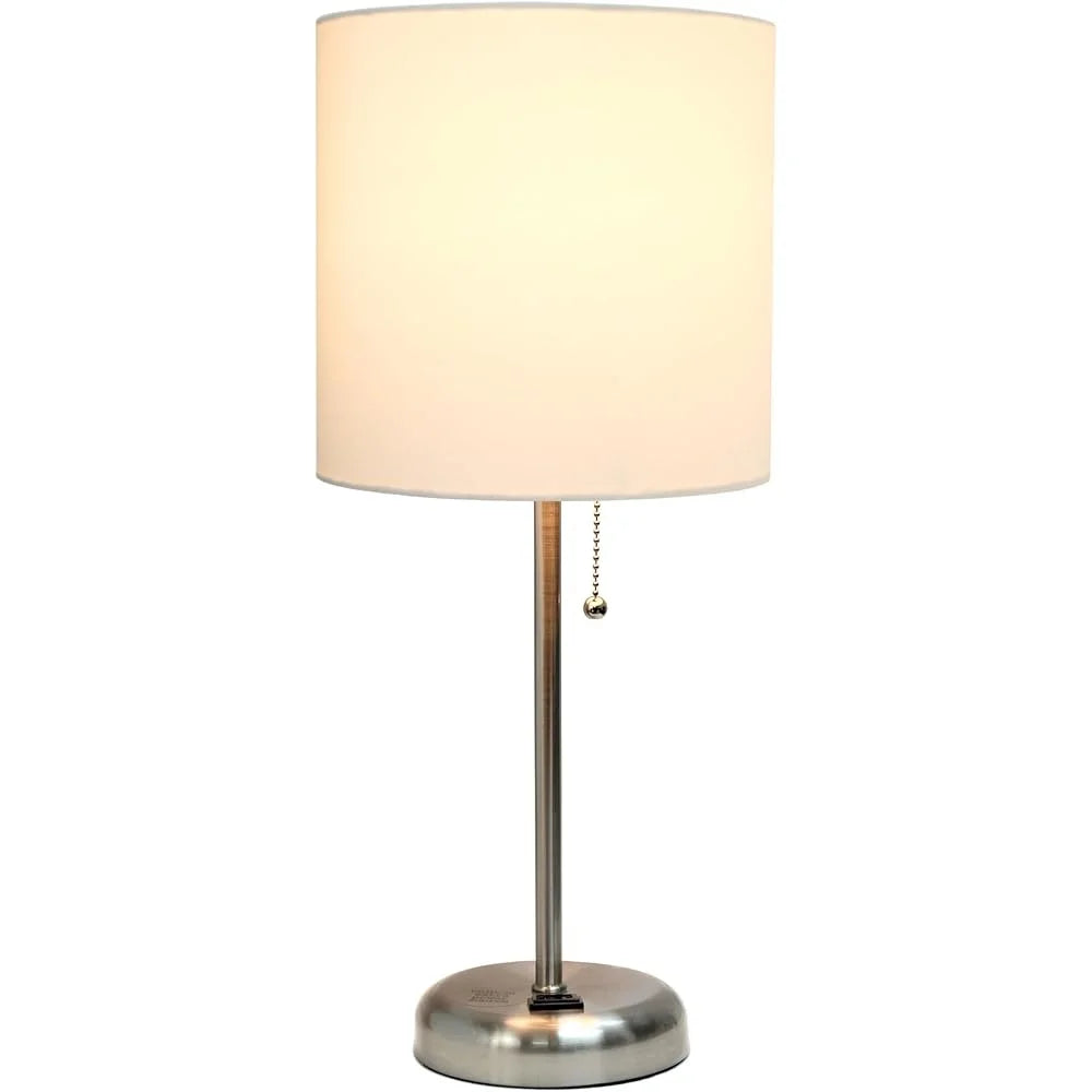 Brushed Steel Table Desk Lamp with Charging Outlet Drum Fabric Shade Ideal Living Room Bedroom Office Dorm 60W LED Bulb Included