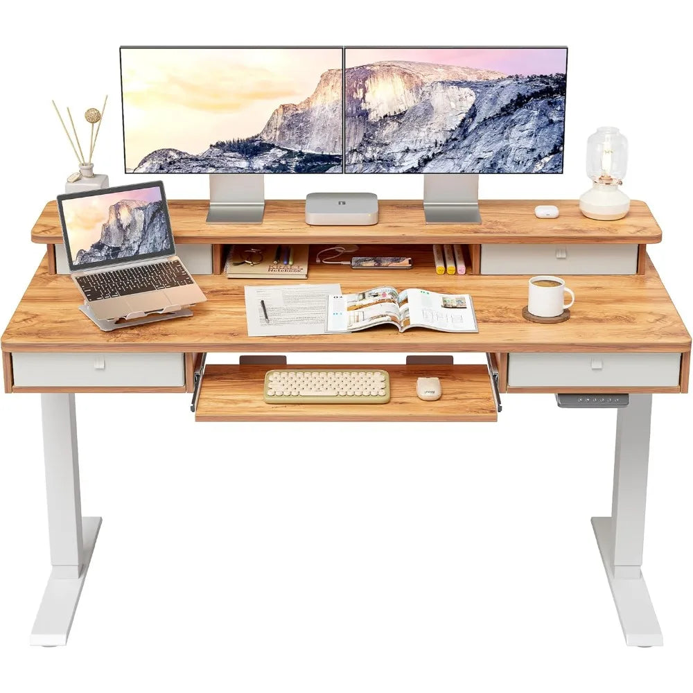 Height Adjustable Electric Standing Desk with 4 Drawers and Keyboard Tray, 55 x 24 Inch Table with Storage Shelf, Sit Stand Des