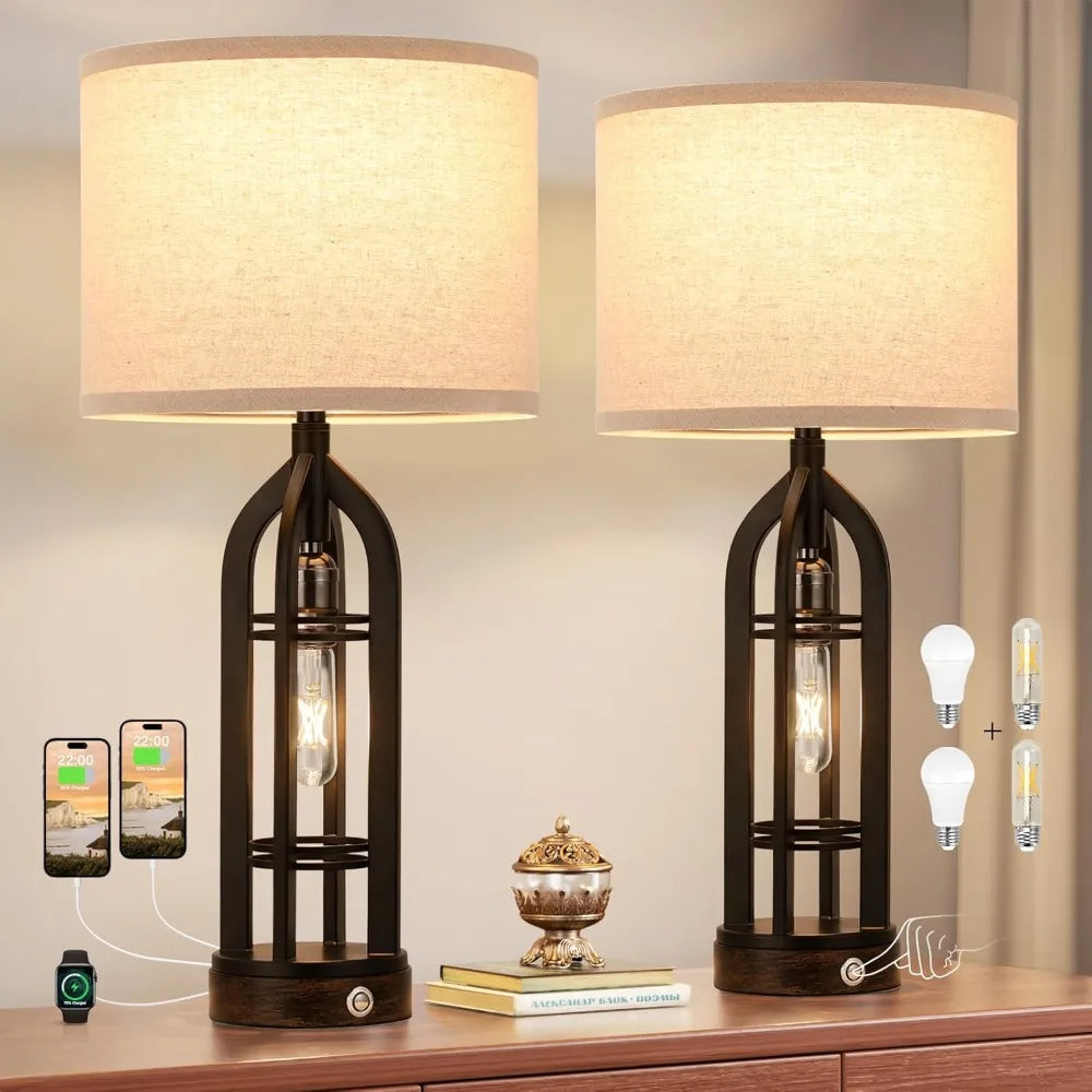 Seealle Table Lamps for Living Room Set of 2 - Black Bedside Lamp for Bedroom with USB C+A & Outlet, Farmhouse Lamps for Night S