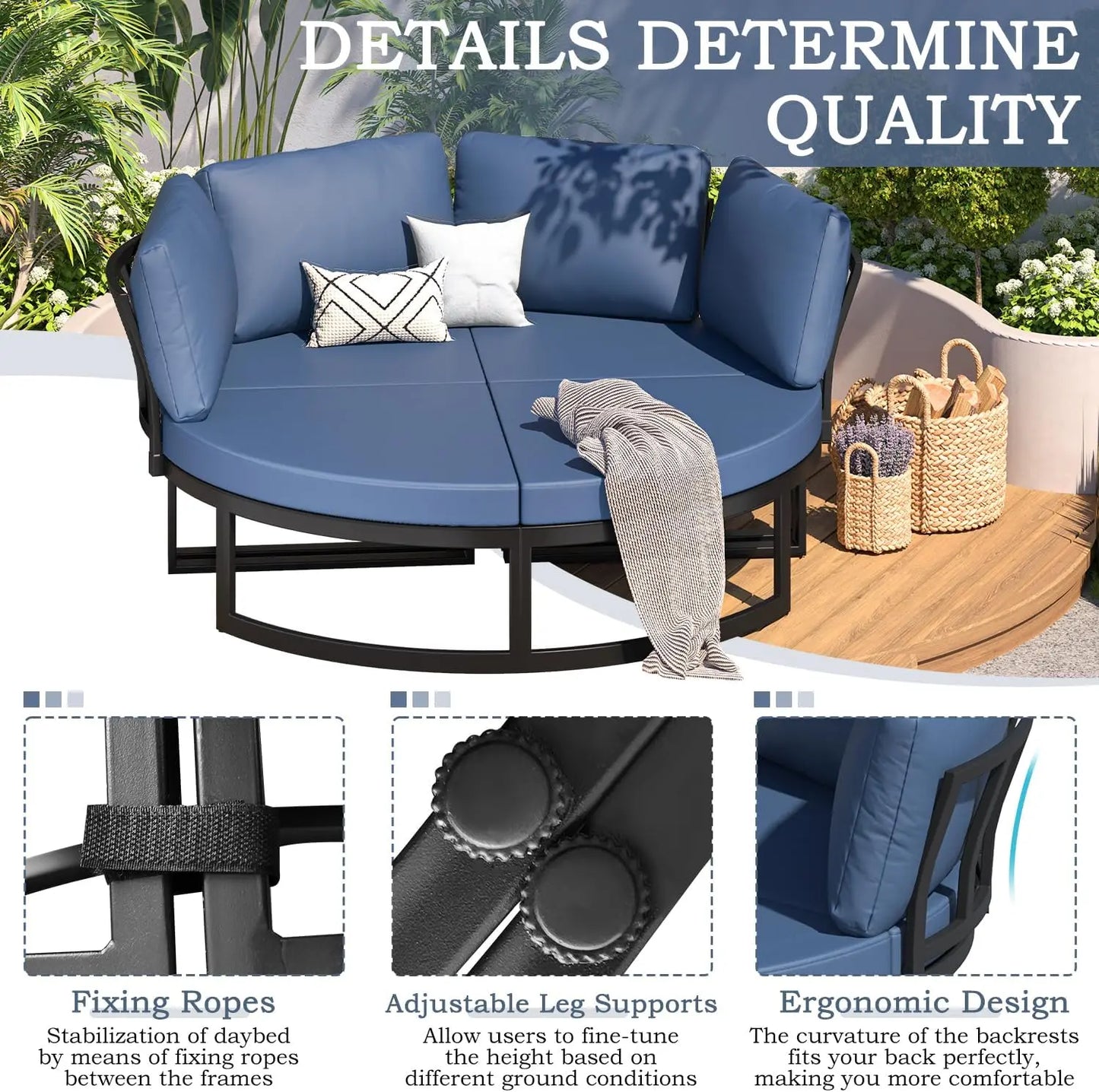 Metal Patio Furniture Set 74" Wide Outdoor Daybed with Extra Large 4 Pieces Seating Separates Cushioned Seats Sectional Round Da