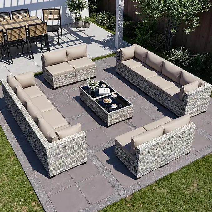 8-Piece Outdoor Patio Furniture Set with 55,000 BTU Fire Pit Table, PE Wicker Rattan Sectional Sofa Conversation Set