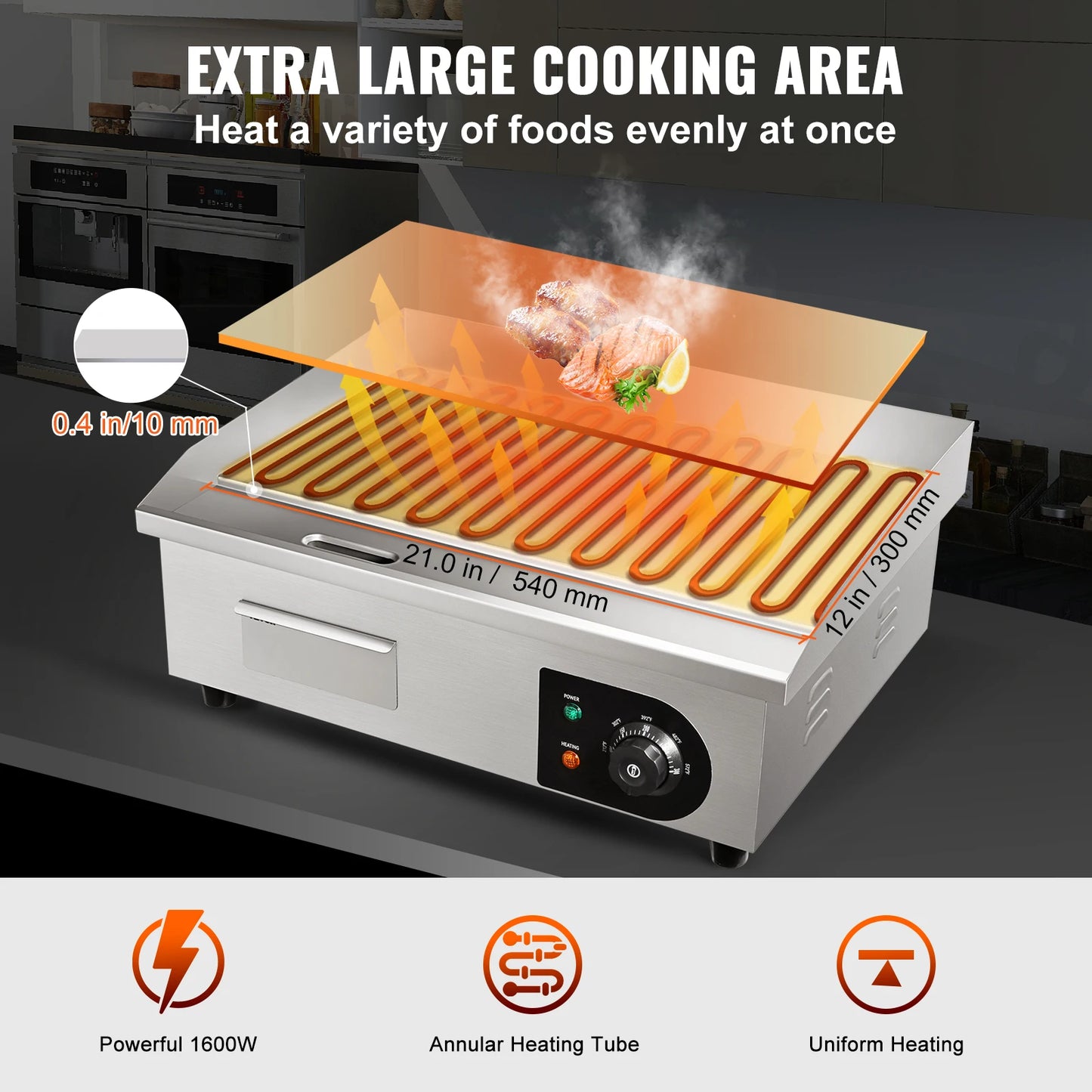 SucceBuy 21" Electric Countertop Griddle Electric Flat Top Grill Stainless Steel Teppanyaki Grill w/Non Stick Iron Cooking Plate
