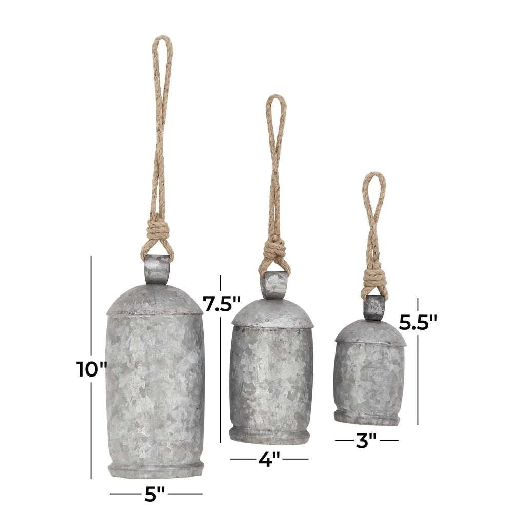 Gray Metal Tibetan Inspired Decorative Cow Bell Chime Set of 3 Indoor Outdoor Rustic Hanging Bells Home Meditation Decor