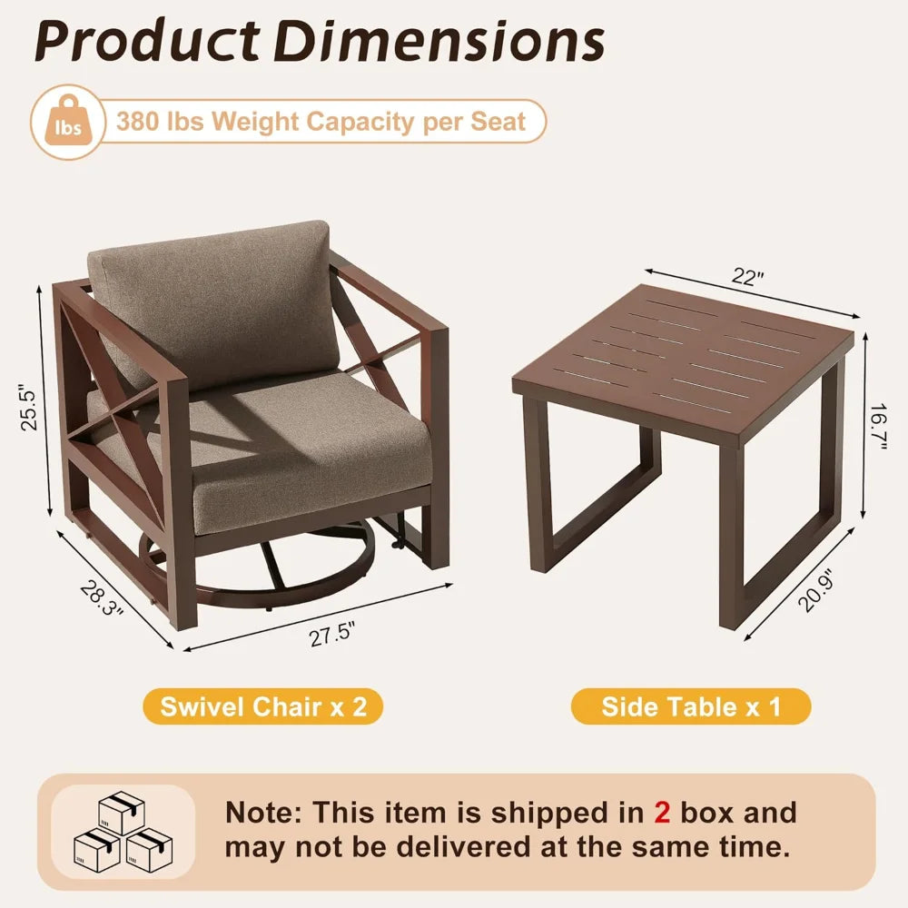 3 Piece Patio Outdoor Aluminum Swivel Rocking Chair with Coffee Table and 6" Thickened Cushions, All Weather Outdoor Furniture