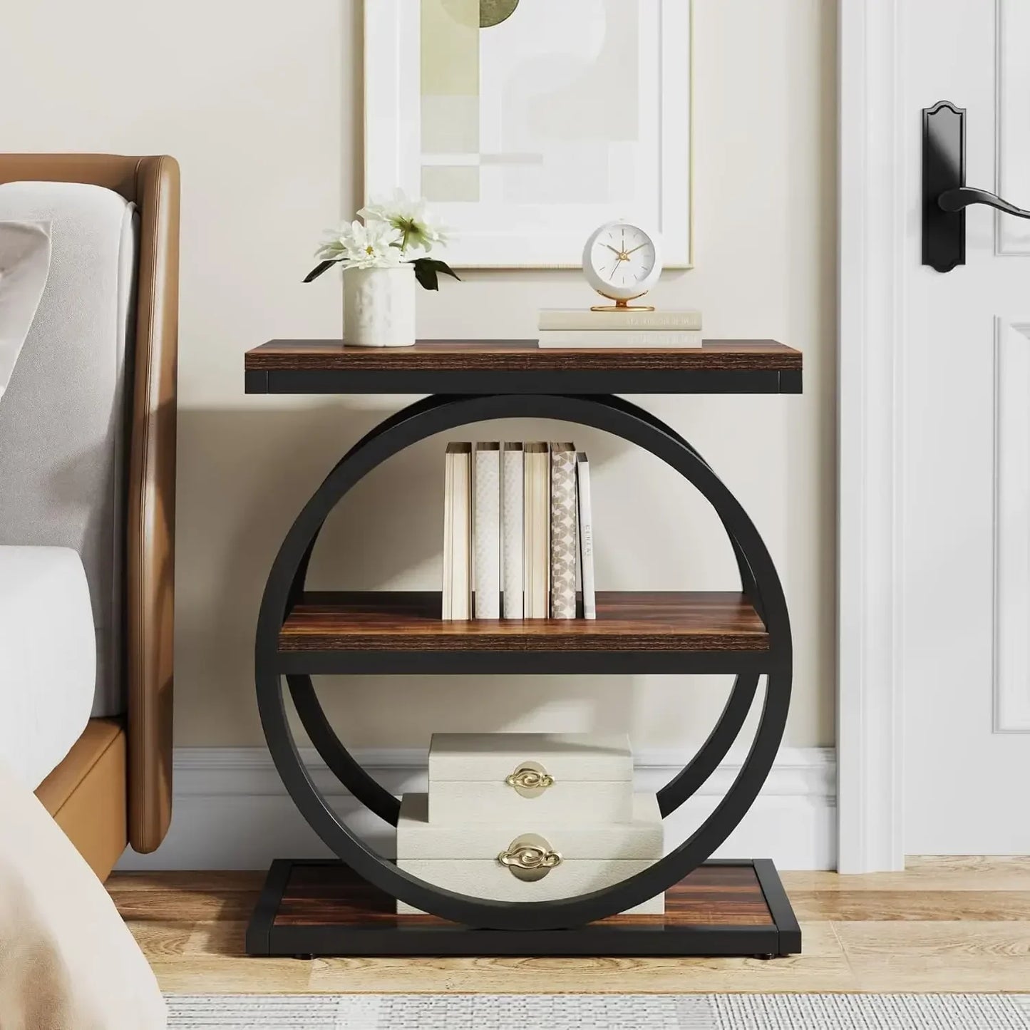 Narrow End Table with 3 Storage Shelves,Wood Side Table with Black Metal Frames,Industrial Small Sofa Side Table for Living Room