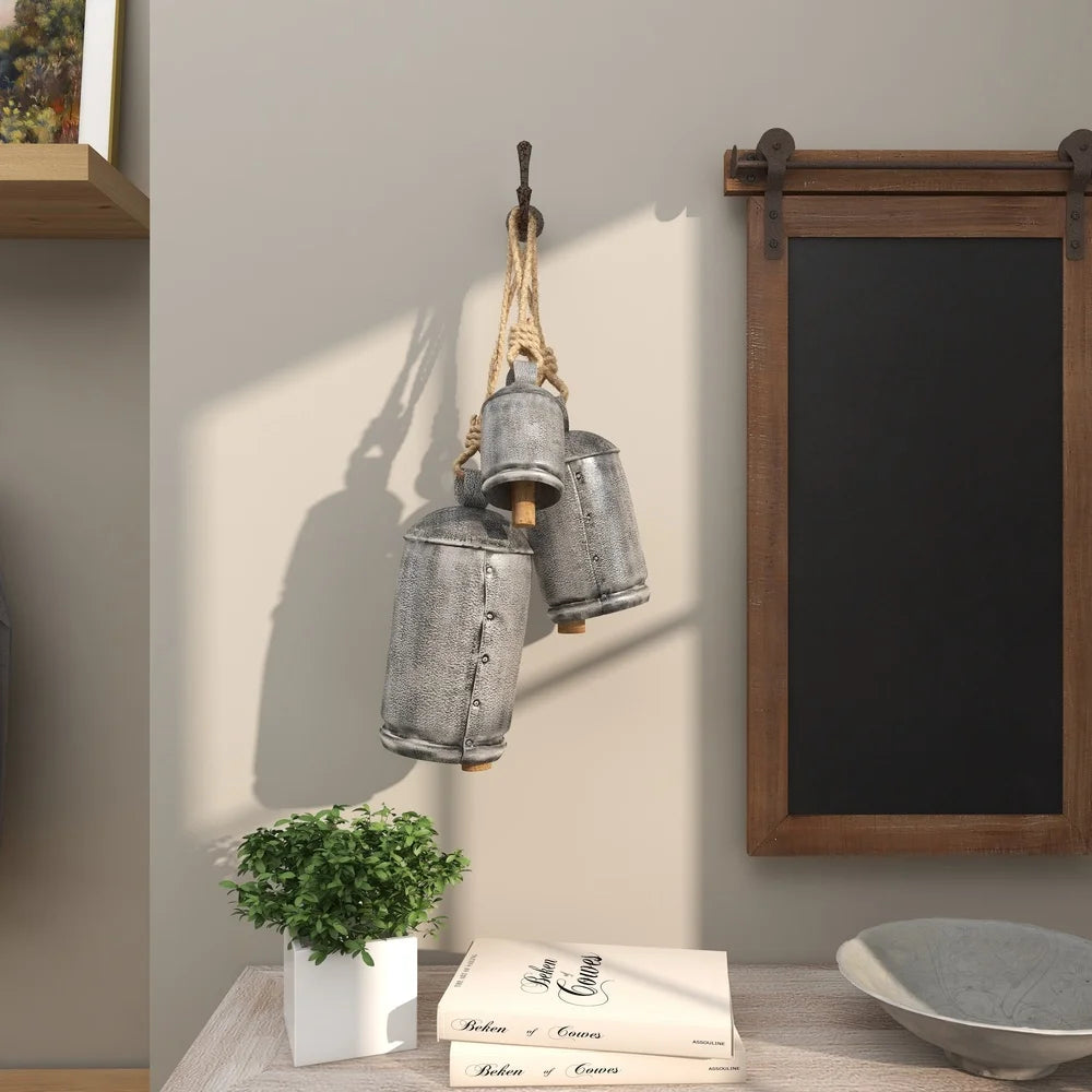 Gray Metal Tibetan Inspired Decorative Cow Bell Chime Set of 3 Indoor Outdoor Rustic Hanging Bells Home Meditation Decor