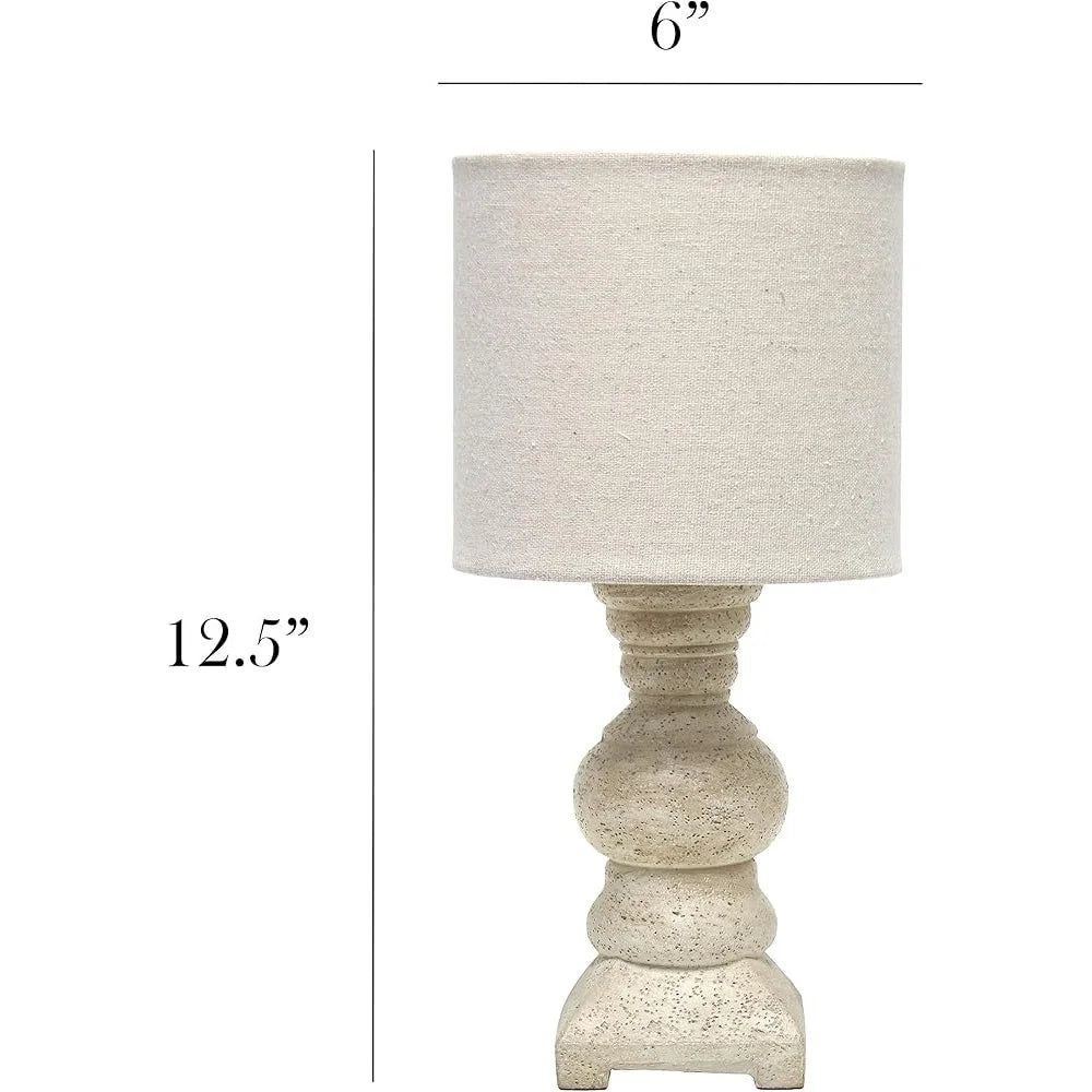 Rustic Farmhouse Mini Table Desk Lamp with Drum Fabric Shade Distressed Resin Base Accessible Switch Home Office