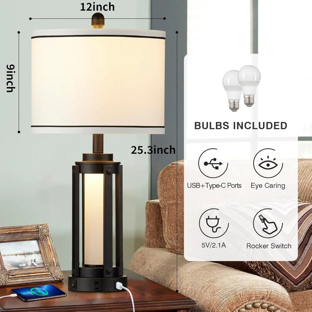 25" Modern Table Lamps Set of 2, Industrial Beside Lamps with USB A+C Charging Ports & AC Outlet, Nightstand Lamp with Glass Nig