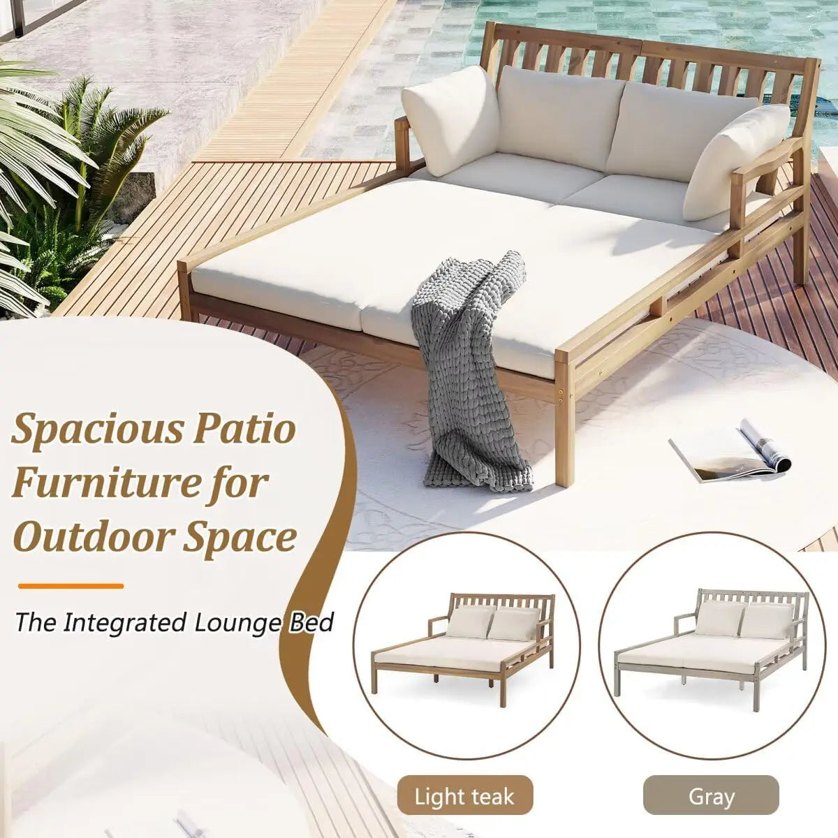 Outdoor Daybed Patio Daybed with Four Pillows Wooden Outdoor Bed with Curved Armrests for Poolside Backyard Garden (Gray+Beige C
