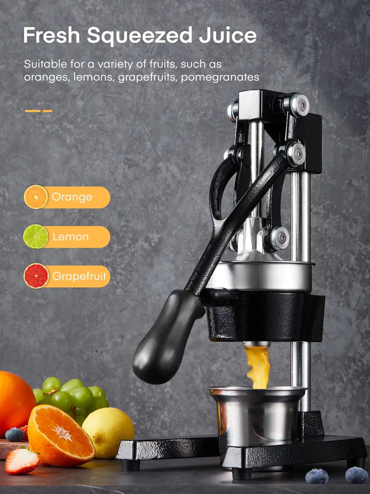 Manual Citrus Juicer Easy Juicing, Easy Clean Stainless Steel and Cast Iron