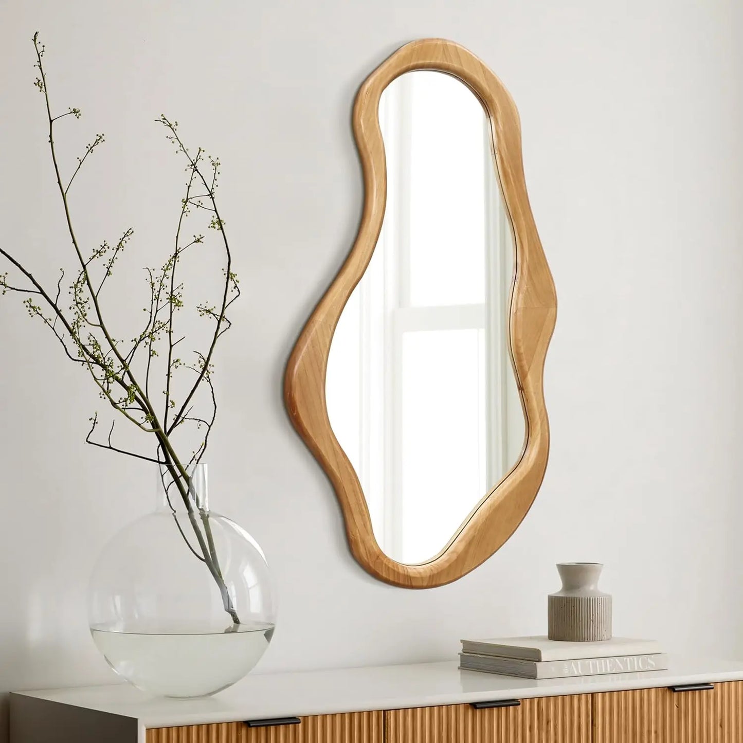 LuxenHome Asymmetrical Wall Mirror with Natural Pine Wood Frame,Irregular Wall Mirror for Living Room,Entryway,Bedroom,Decorativ