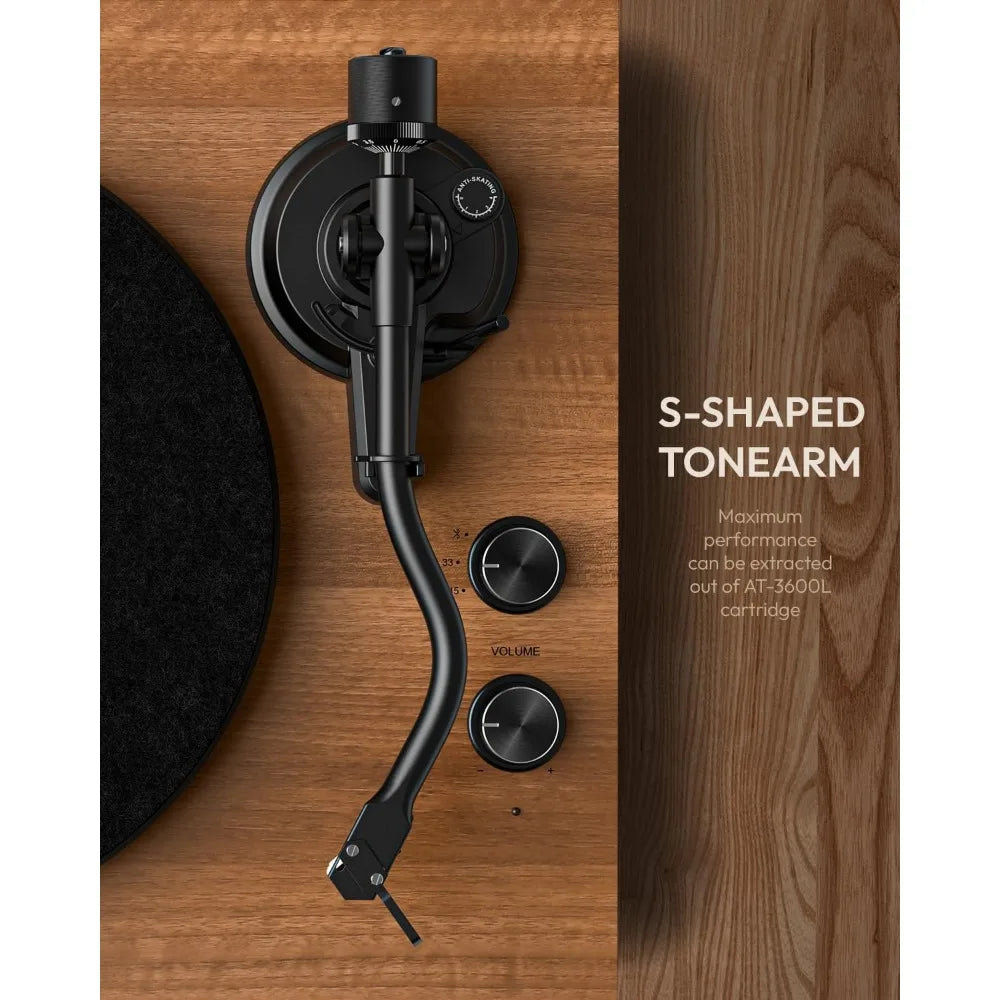 Vinyl Record Player with Stereo Speakers, Turntable with Built-in Preamp, S-Shaped Tonearm, 33/45 RPM