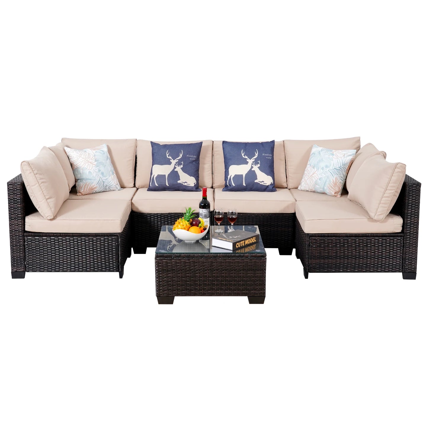 NAGA BAHNA Outdoor Patio Furniture, 7 Piece Outdoor Sectional Sofa PE Rattan Wicker Patio Conversation Sets with Thick Cushions