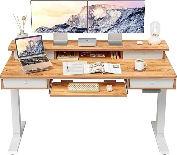 Height Adjustable Electric Standing Desk with 4 Drawers and Keyboard Tray, 55 x 24 Inch Table with Storage Shelf, Sit Stand Des