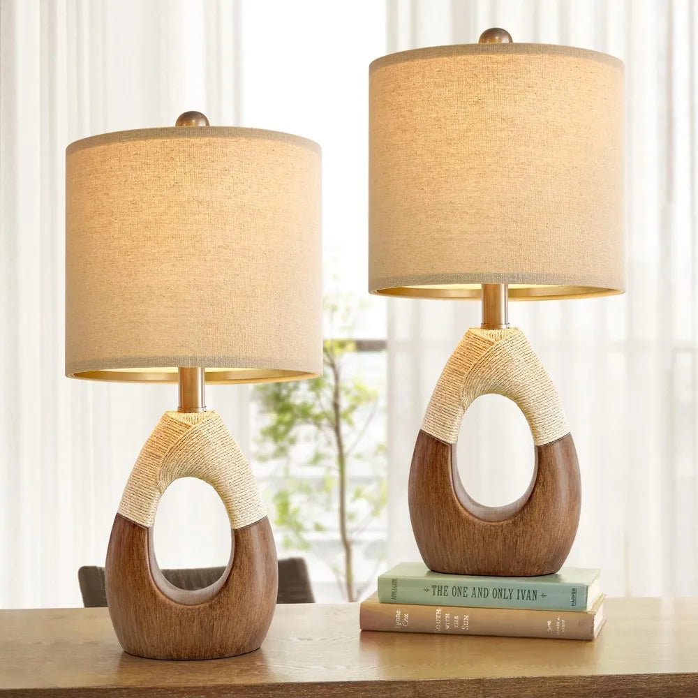 OYEARS Boho Table Lamps Bedroom Living Room Set 2,Suitable for Small Space,Farmhouse RattanTable Lamp 19”Rustic Egg Design Resin