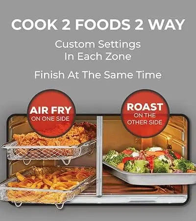 Dual Zone 360 Air Fryer Oven Combo with French Door, 25 QT Extra Large, Cook Two Foods in Different Ways, Up to 60% Faster