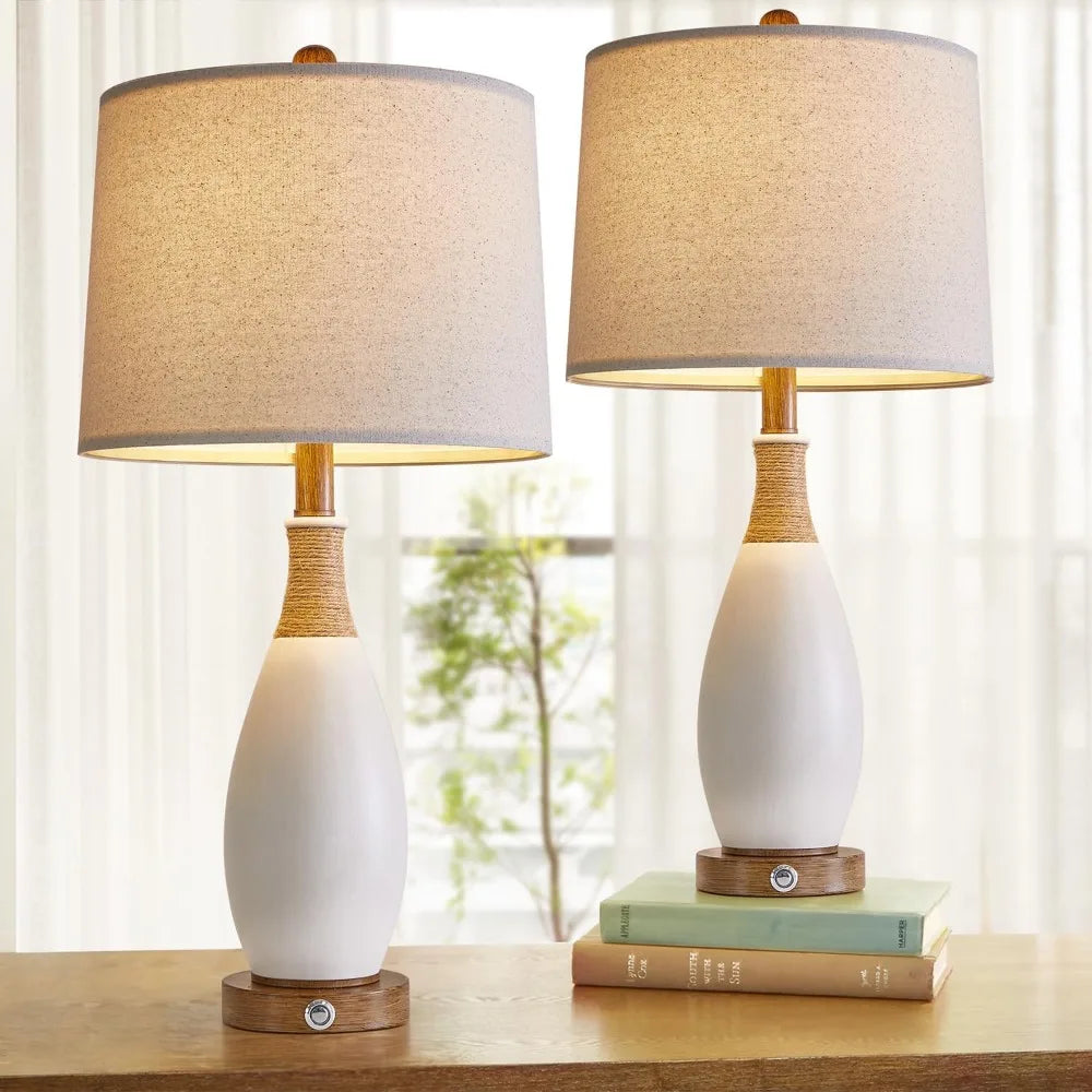 OYEARS 24.5” 3-Way Dimmable Touch Control Bedside Table Lamp Set of 2 with USB and Type-C Charging Ports Modern Farmhouse Nights