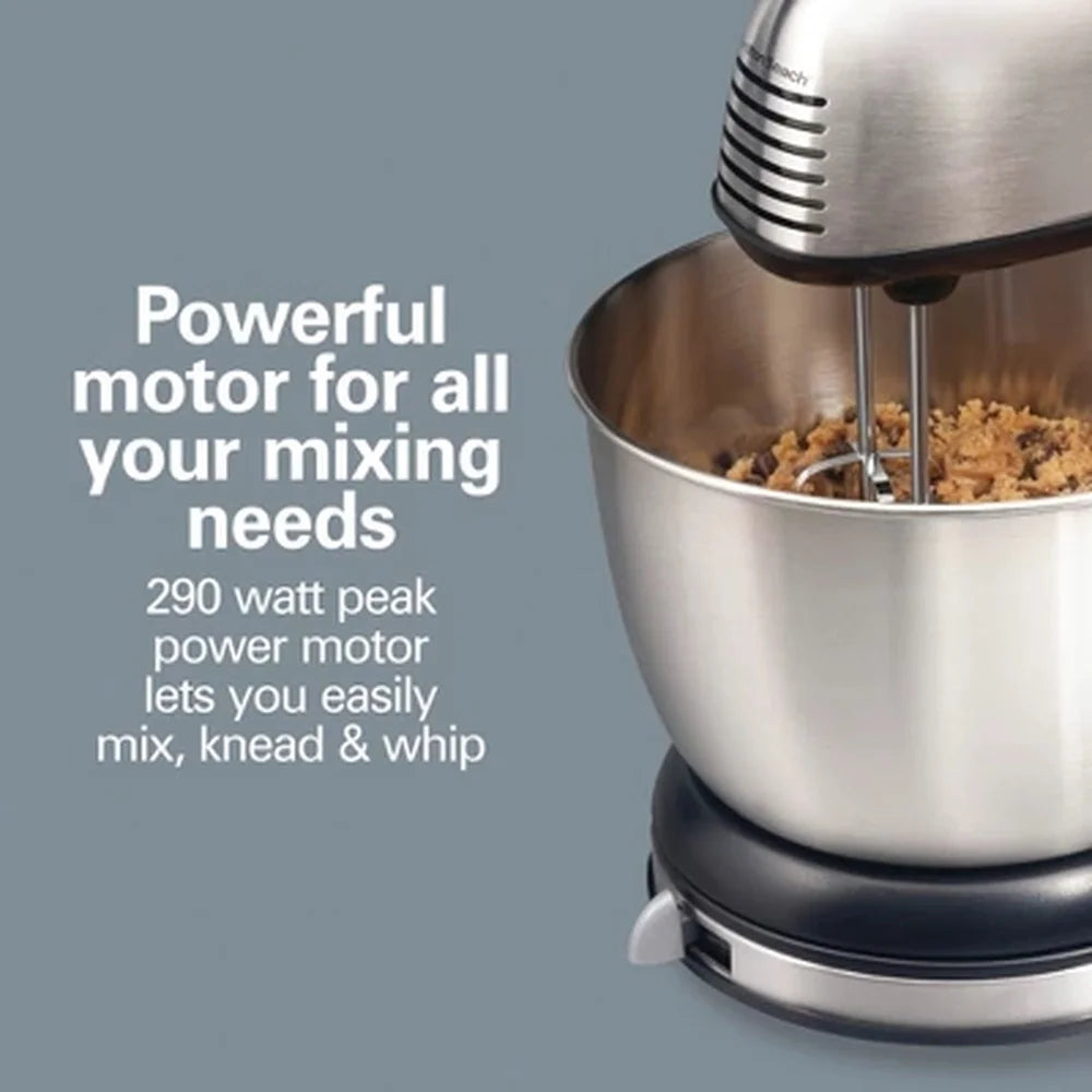 6-Speed Hand Mixer Stand Mixer 290W Dishwasher Safe 4QT Stainless Steel Bowl 5 Attachments Shift Stir Lever Kitchen Appliance