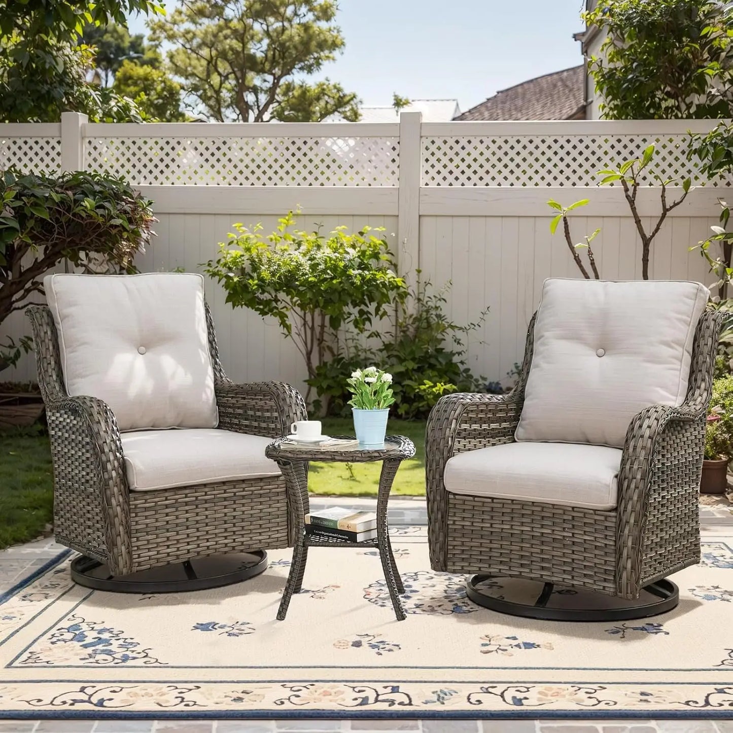 Outdoor Swivel Rocker Wicker Chairs Set of 3, High Back Swivel Patio Chairs Wicker Furniture Set, 2 PCS Rattan Swivel Rocking Ch