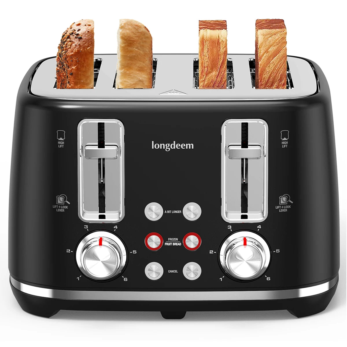 4 Slice Toaster, 1.5" Extra Wide Stainless Steel Slots, Dual Controls, Removable Crumb Tray, 6 Shade Settings, Black