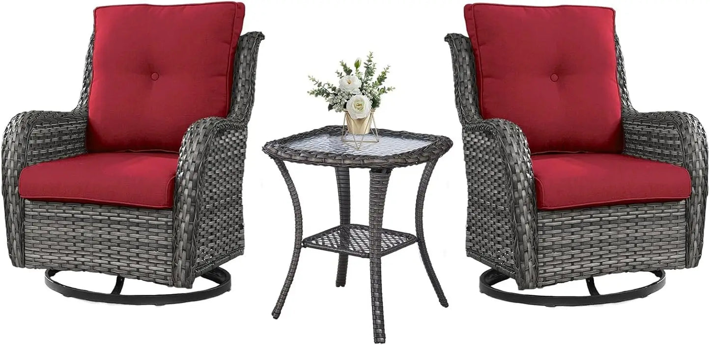 Outdoor Swivel Rocker Wicker Chairs Set of 3, High Back Swivel Patio Chairs Wicker Furniture Set, 2 PCS Rattan Swivel Rocking Ch