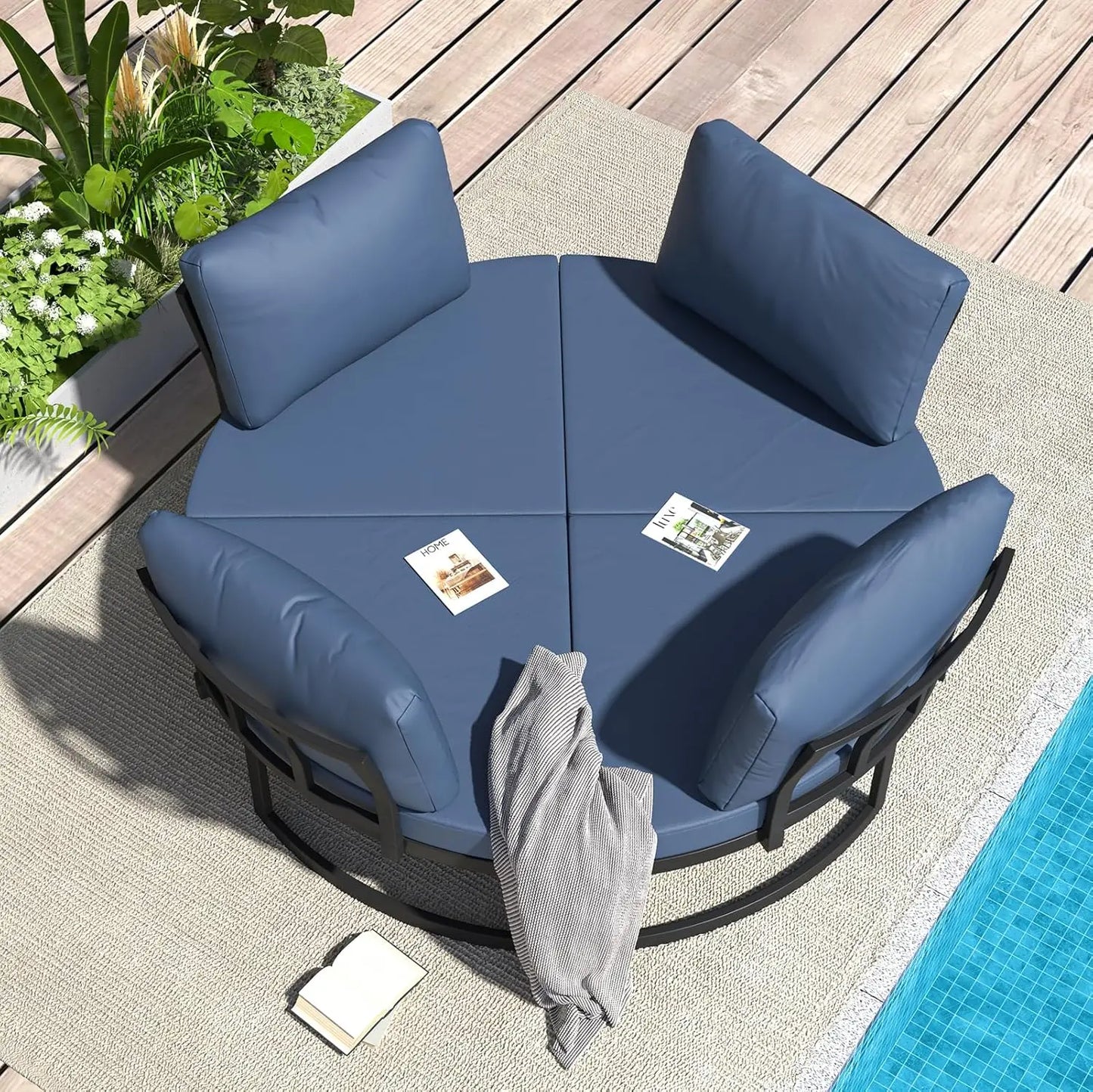 Metal Patio Furniture Set 74" Wide Outdoor Daybed with Extra Large 4 Pieces Seating Separates Cushioned Seats Sectional Round Da