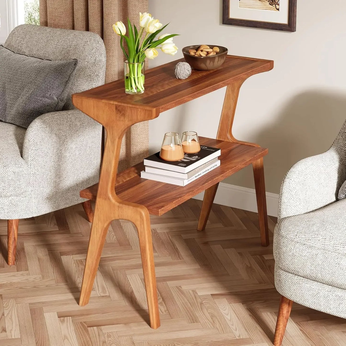 Narrow End Table for Living Room, 2-Tier Slim Sofa Side Table with Solid Wood Legs, Modern Tall End Table with Storage Shelf