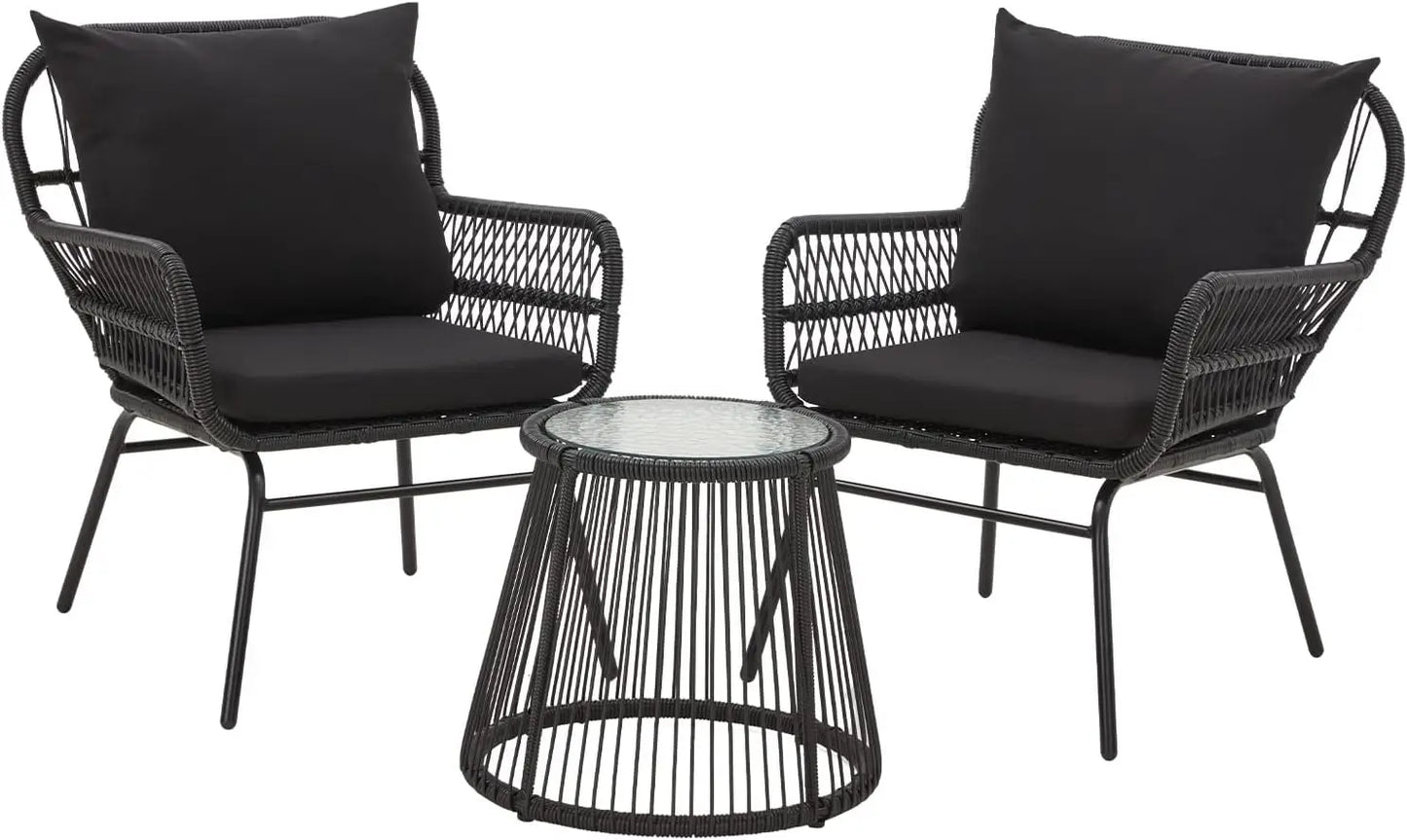 3 Piece Patio Conversation Sets, L-Shaped Sectional Patio Furniture Sofa Set with Thick Cushions and Toughened Glass Coffee Tabl