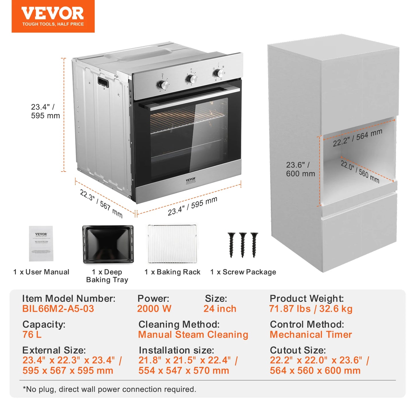 SucceBuy 2000W 3550W Single Wall Oven Electric Built-in Wall Oven 6Cooking Functions with Timer Baking Rack and Tray for Kitchen