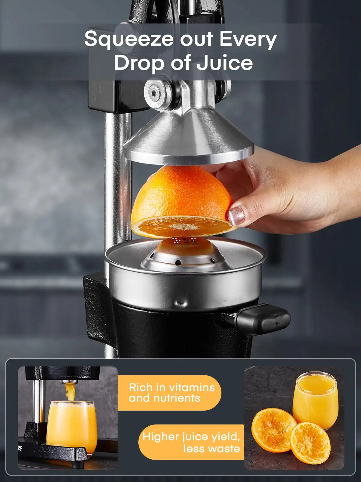 Manual Citrus Juicer Easy Juicing, Easy Clean Stainless Steel and Cast Iron