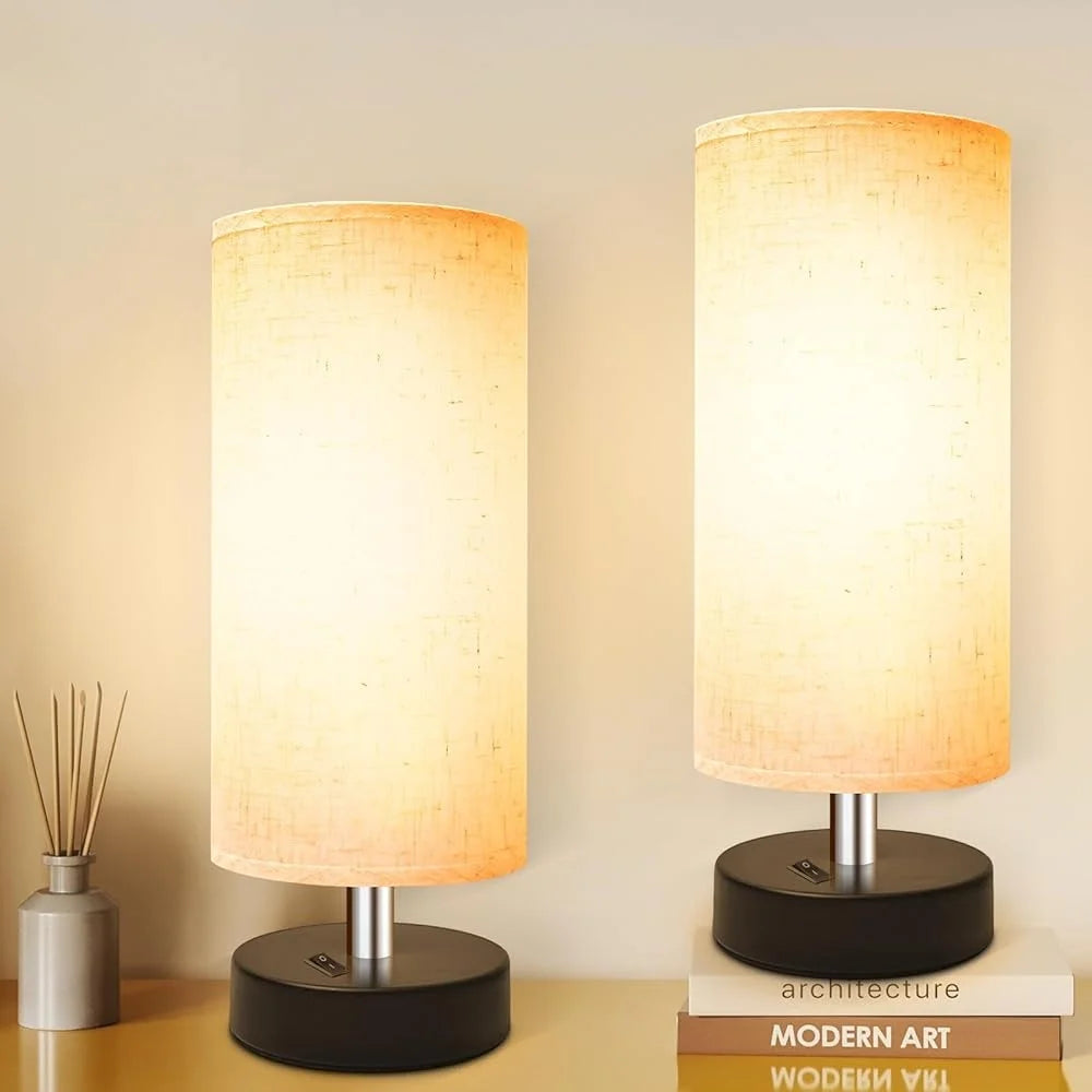 Set of 2 Minimalist Bedside Lamps with Flaxen Fabric Shade Instant On Off Switch Bedroom Living Room Desk Reading
