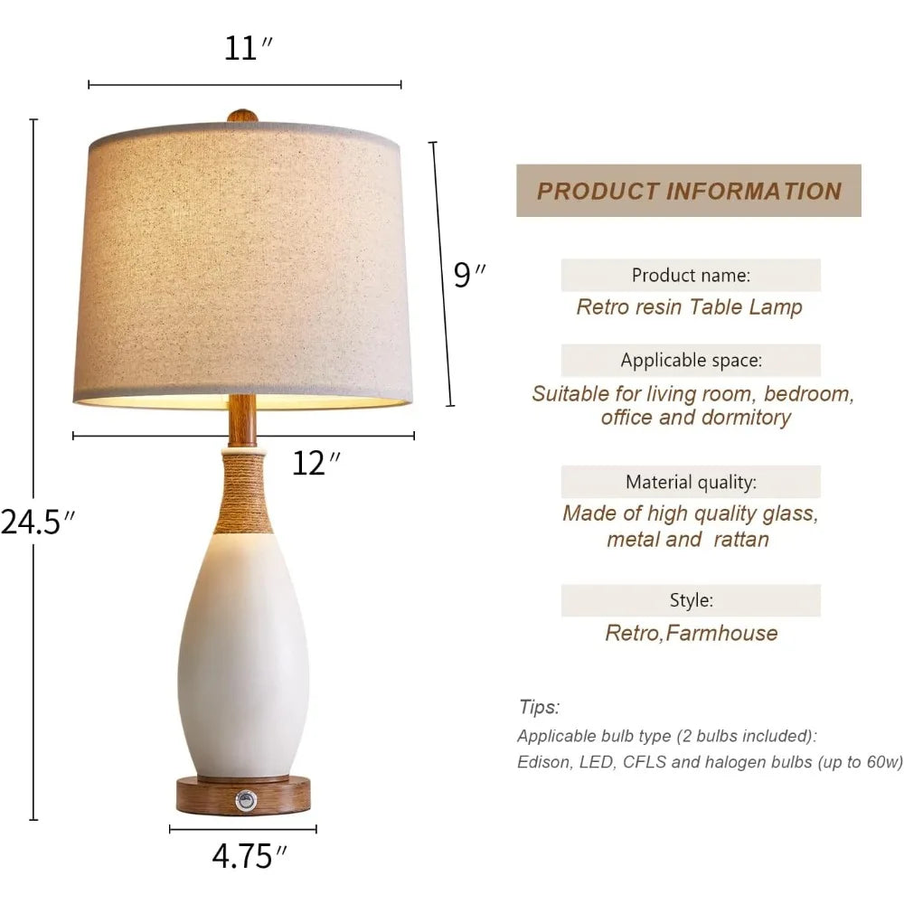 OYEARS 24.5” 3-Way Dimmable Touch Control Bedside Table Lamp Set of 2 with USB and Type-C Charging Ports Modern Farmhouse Nights