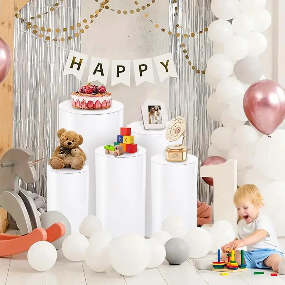 5Pcs Cylinder Pedestal Stands for Party, White Cylinder Stand for Wedding Birthday Party Baby Shower Cake Table Event Decor