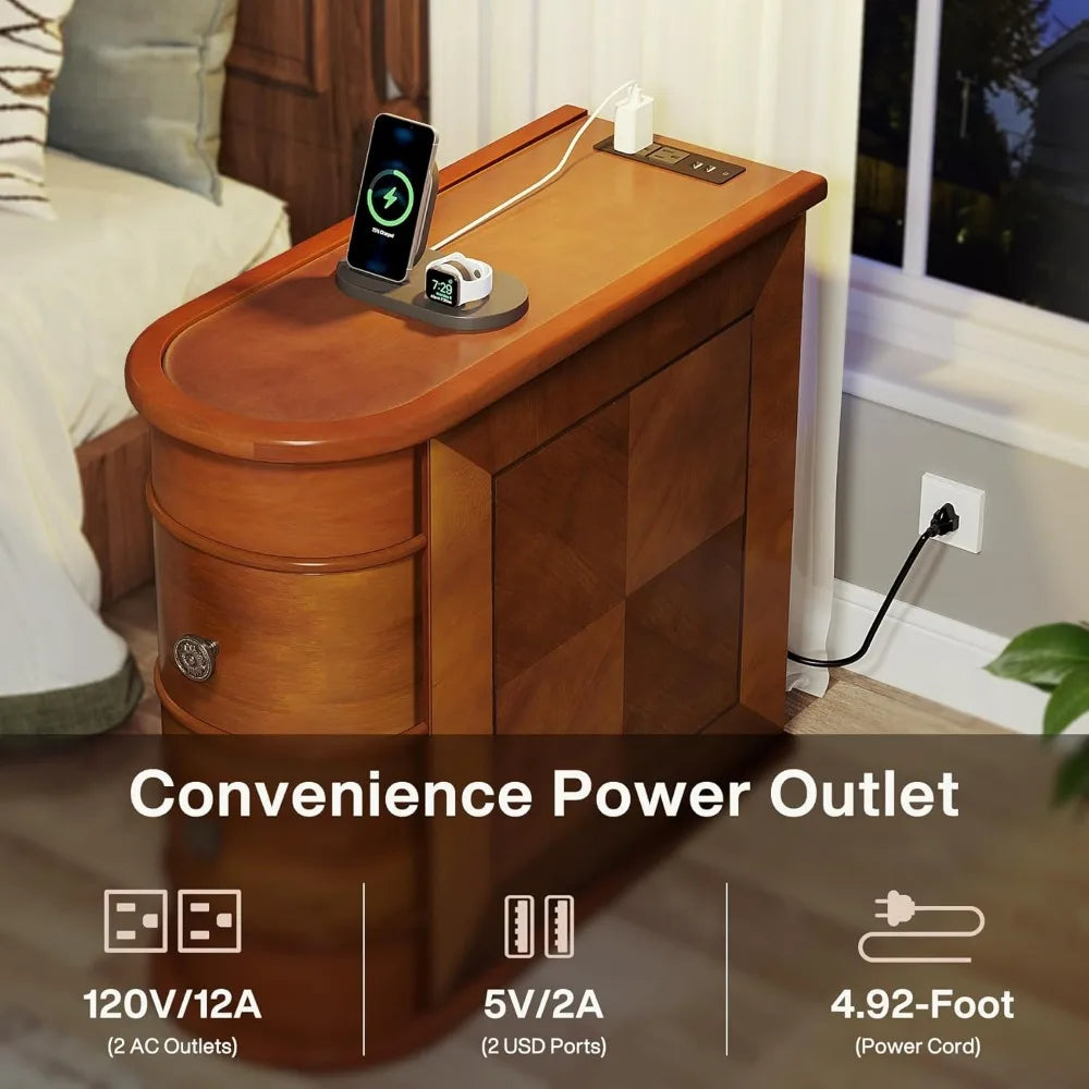Wood End Table, 2-Drawer Narrow Side Table with Charging Station, No Assembly Required, Finished Back