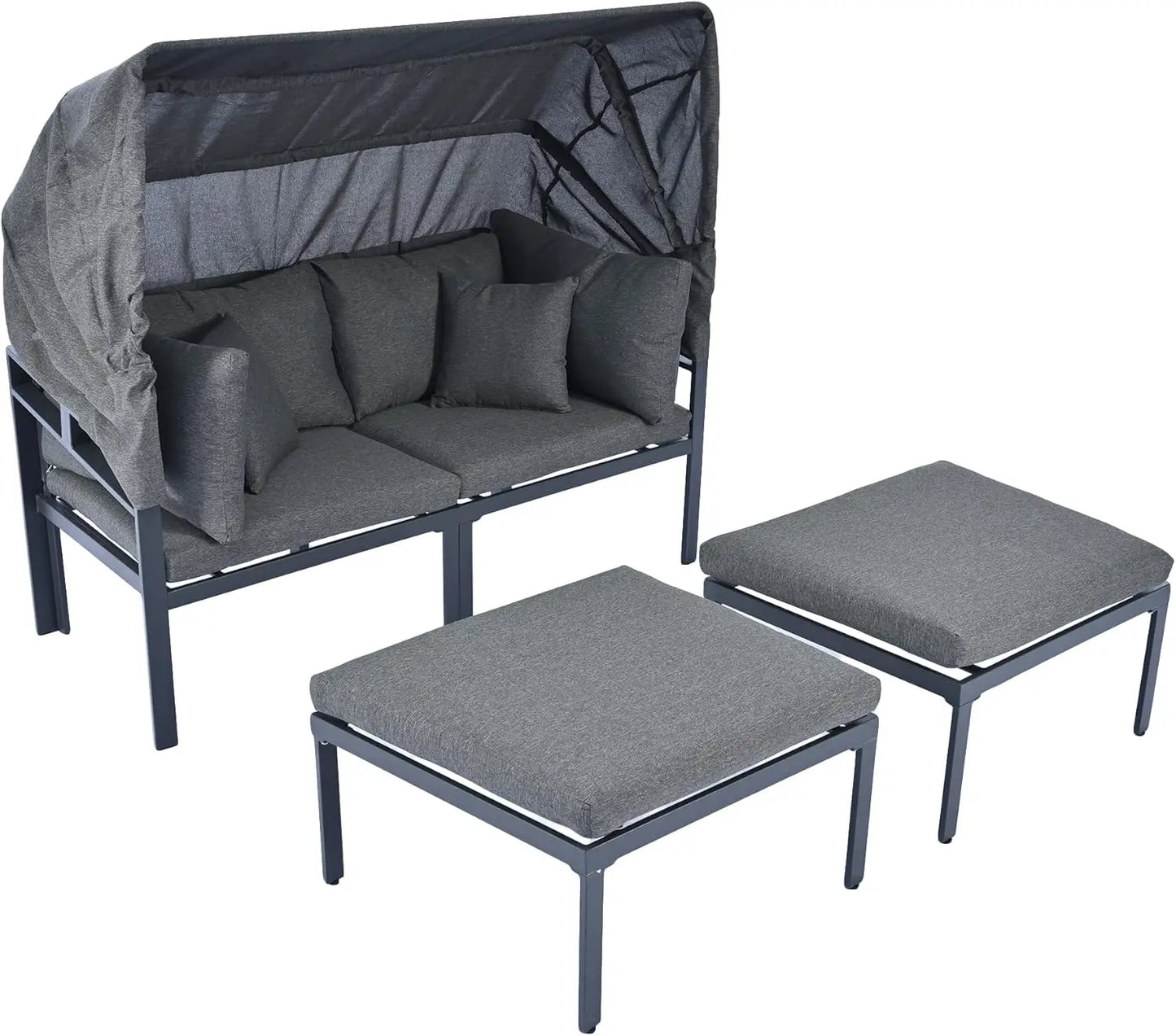 Outdoor Patio Daybed Sunbed Lounger with Retractable Canopy AllWeather 3Piece Sectional Sofa Set with Washable Cushions for Back