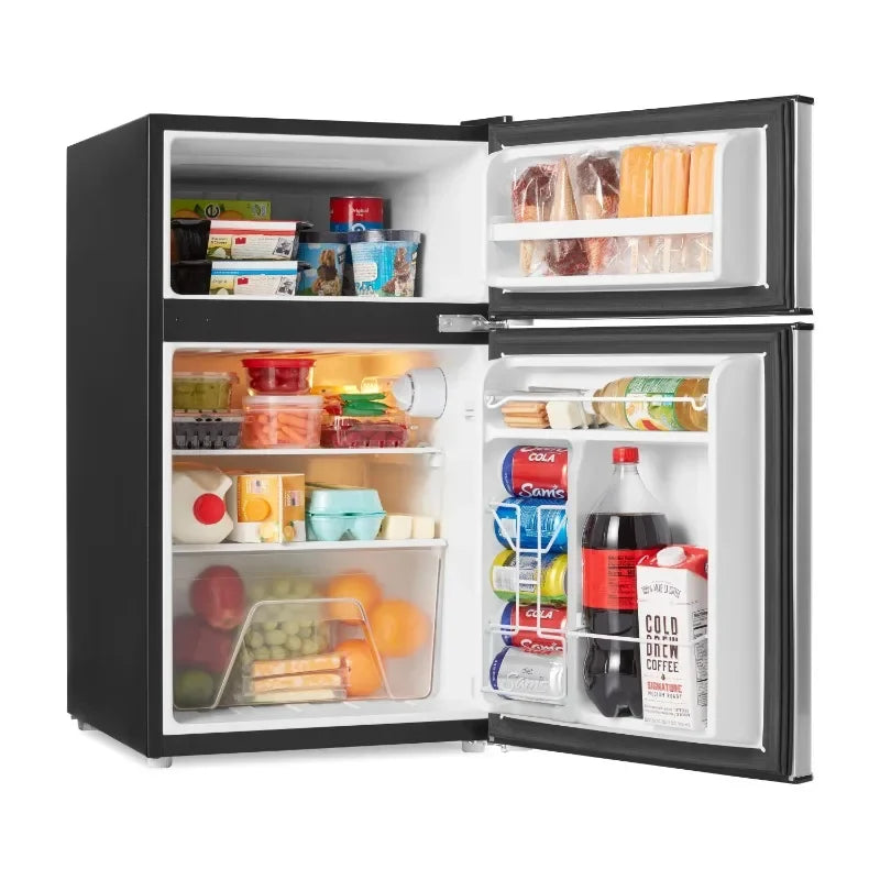 Galanz 3.1 Cu ft Two Door Mini Fridge with Freezer, Stainless, Estar, New
