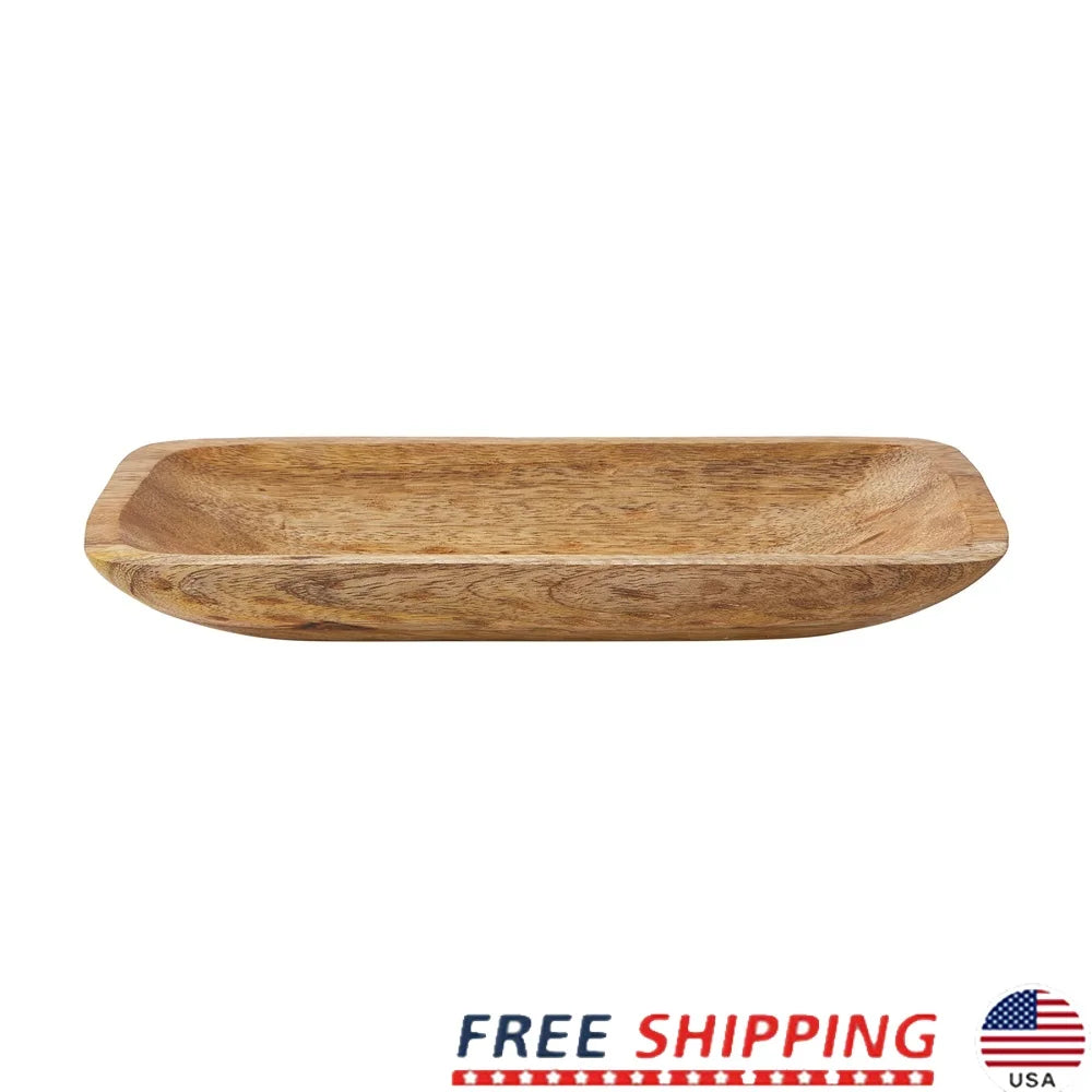 Hand Carved Wood Tray Rustic Decorative Item 12x6 Inches Light Finish Grain Display Holder Flowers Home Decor