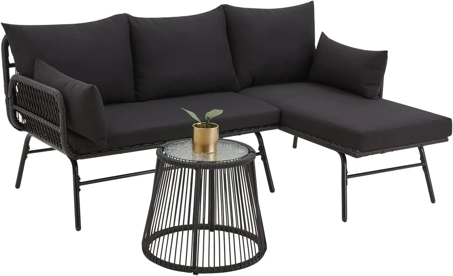 3 Piece Patio Conversation Sets, L-Shaped Sectional Patio Furniture Sofa Set with Thick Cushions and Toughened Glass Coffee Tabl