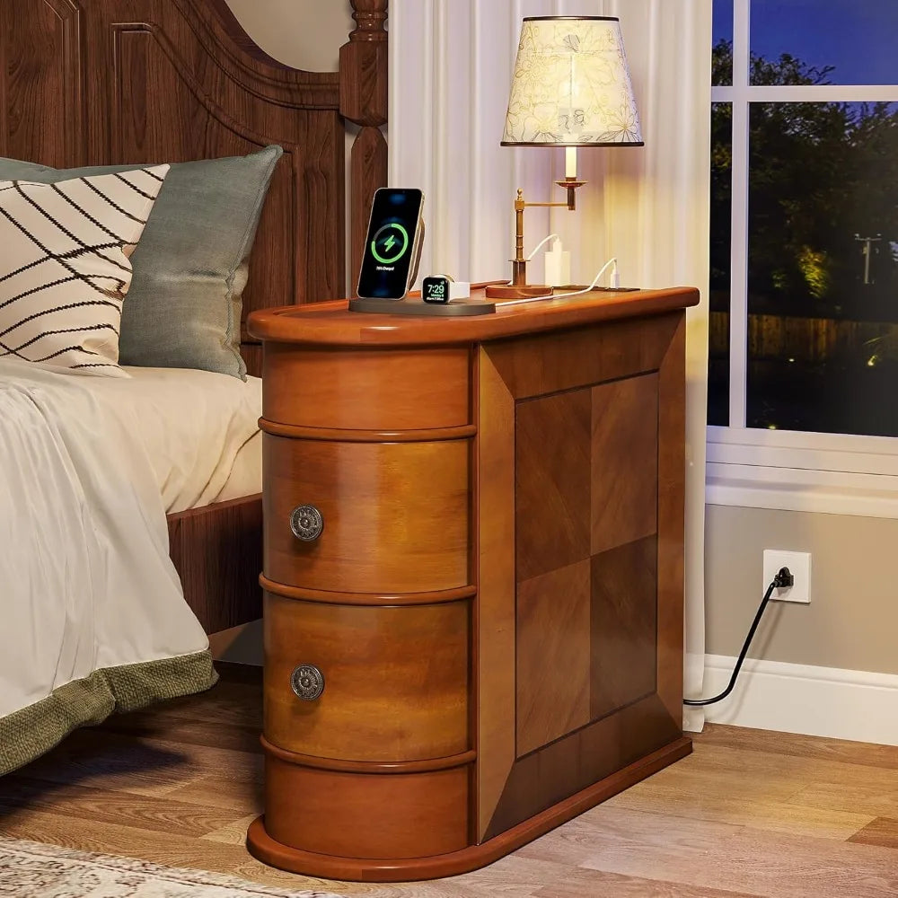 Wood End Table, 2-Drawer Narrow Side Table with Charging Station, No Assembly Required, Finished Back