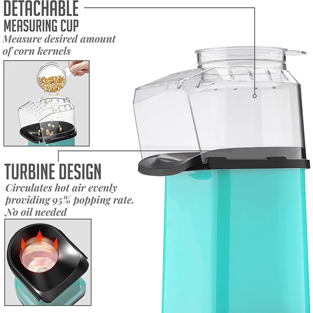 Hot Air Popcorn Maker 16-Cup Capacity Easy Clean Healthy Snack Turbine Design Detachable Measuring Cup Compact Kitchen Appliance